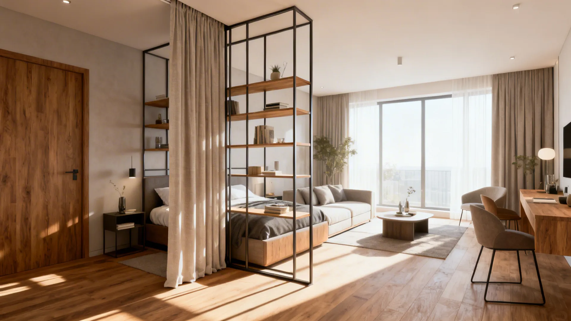 Light-filled apartment with slim open shelving partition between bedroom and living area.