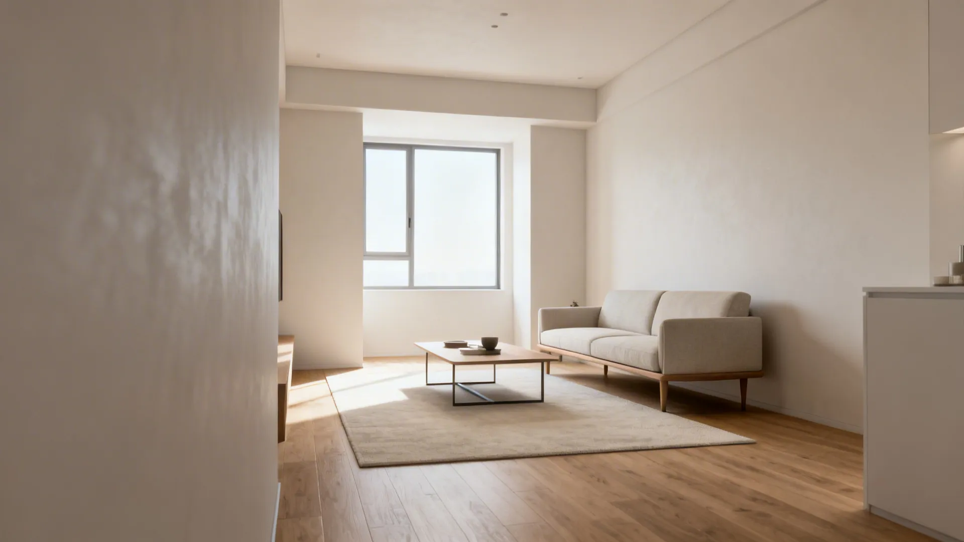 Small living room with raised-leg sofa and open coffee table keeping sightlines clear.