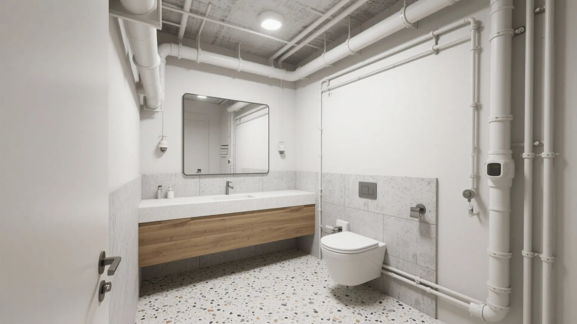 Modern bathroom with exposed white ceiling pipes wooden cabinet mirror toilet and grey speckled floor
