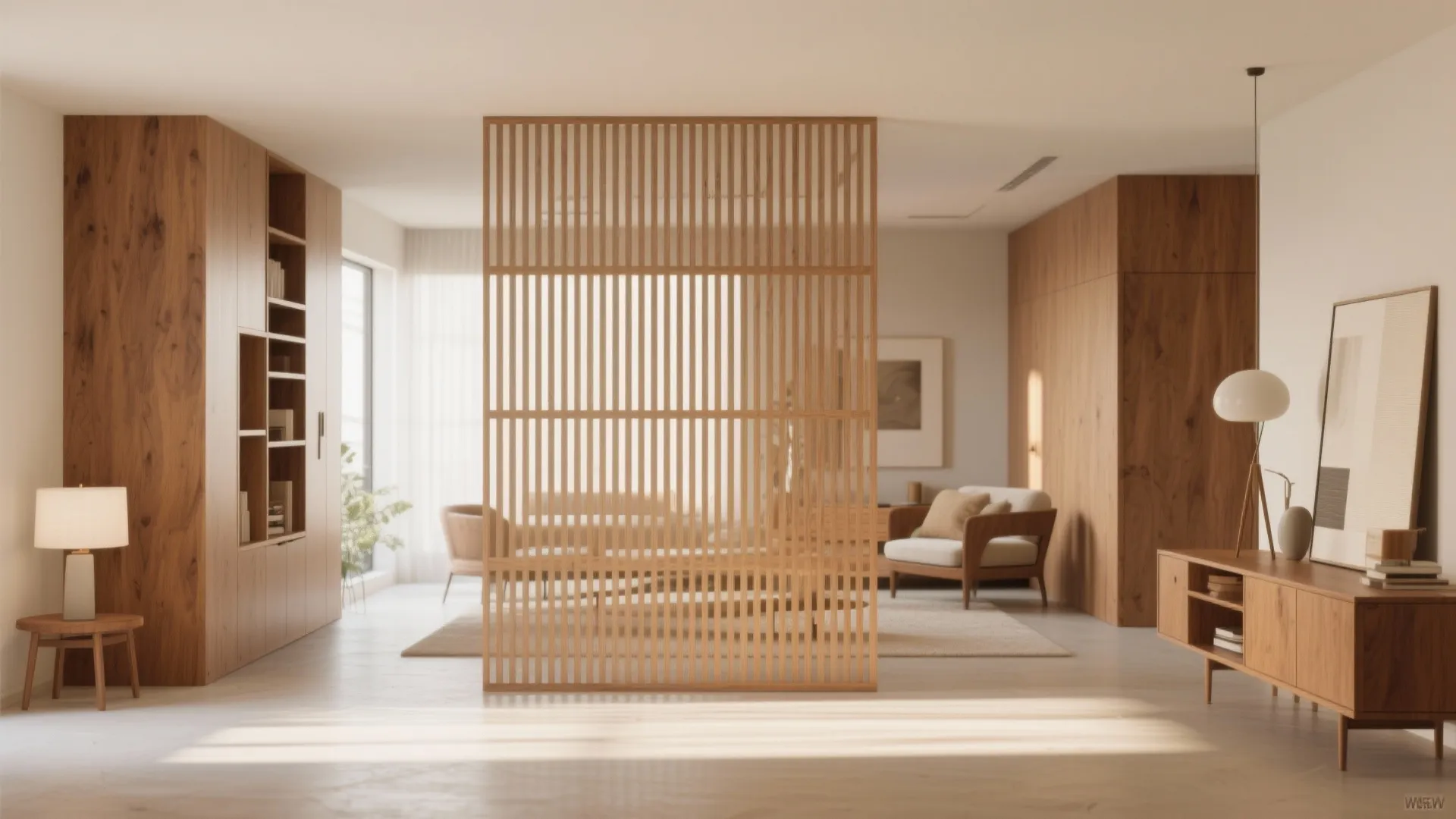 Minimalist room with wooden slat wall divider wood cabinets small table light fixture and white walls