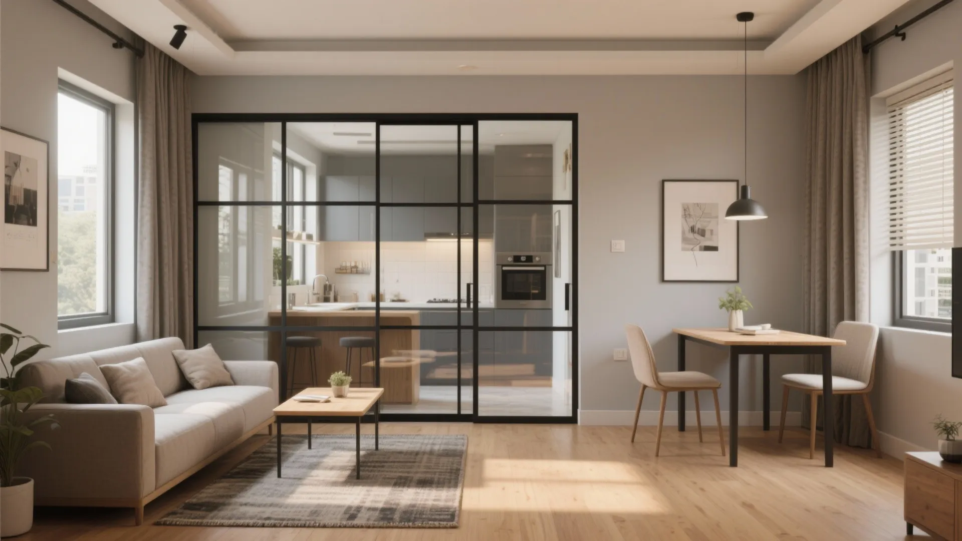 Open-plan living with sliding partitions