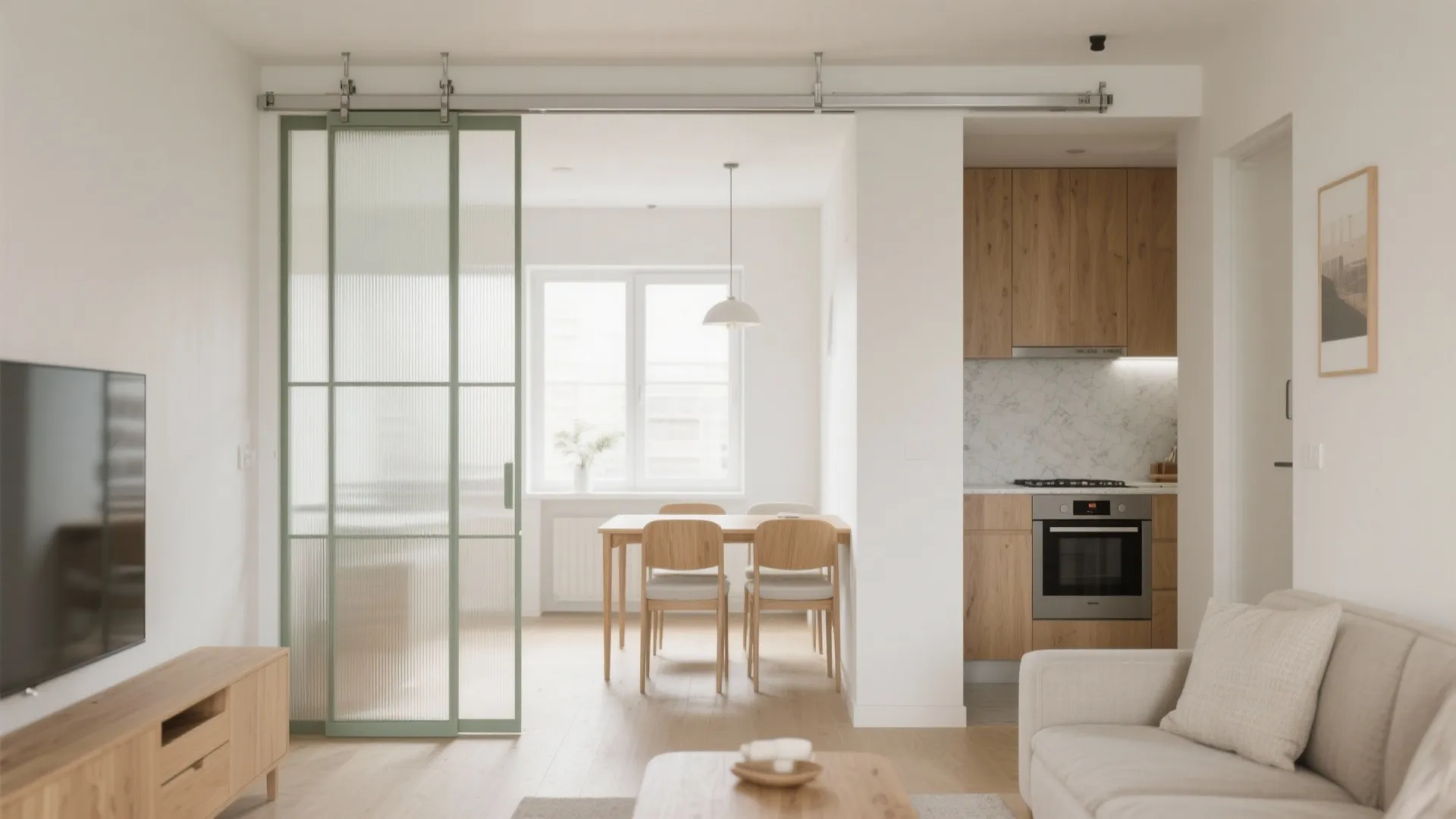 Open-plan living with sliding partitions