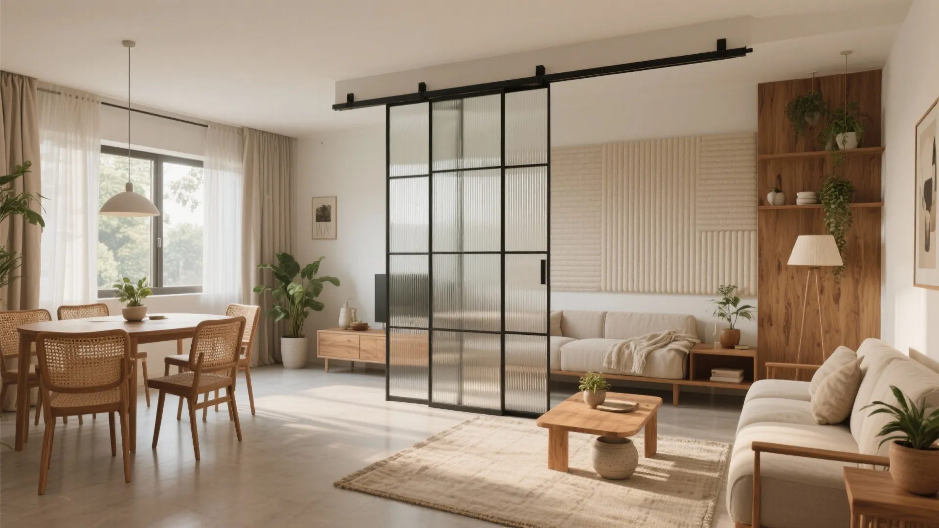 Open-plan living–dining with sliding flexibility