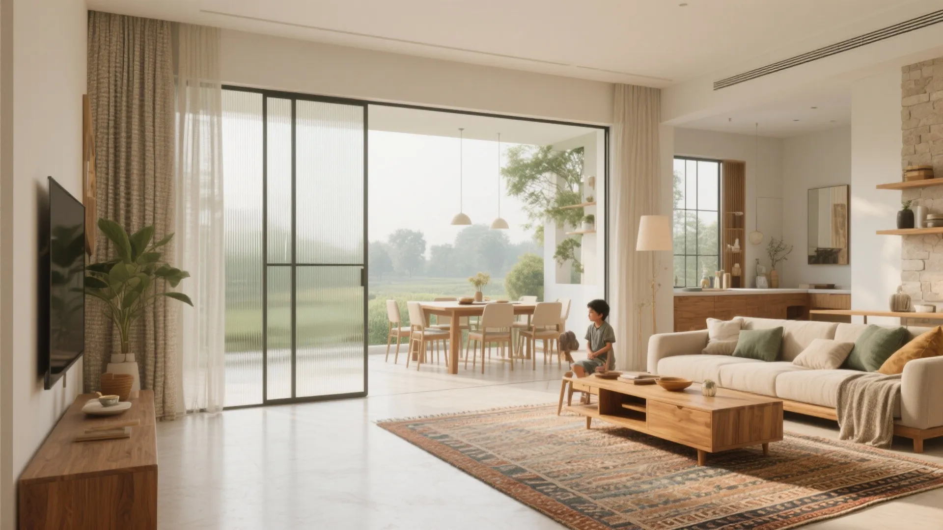 Open-plan living with smart sliding partitions