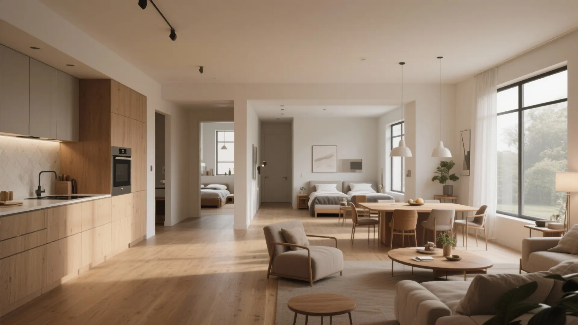 Modern open plan living room featuring wooden cabinets sofa dining table and warm natural lighting
