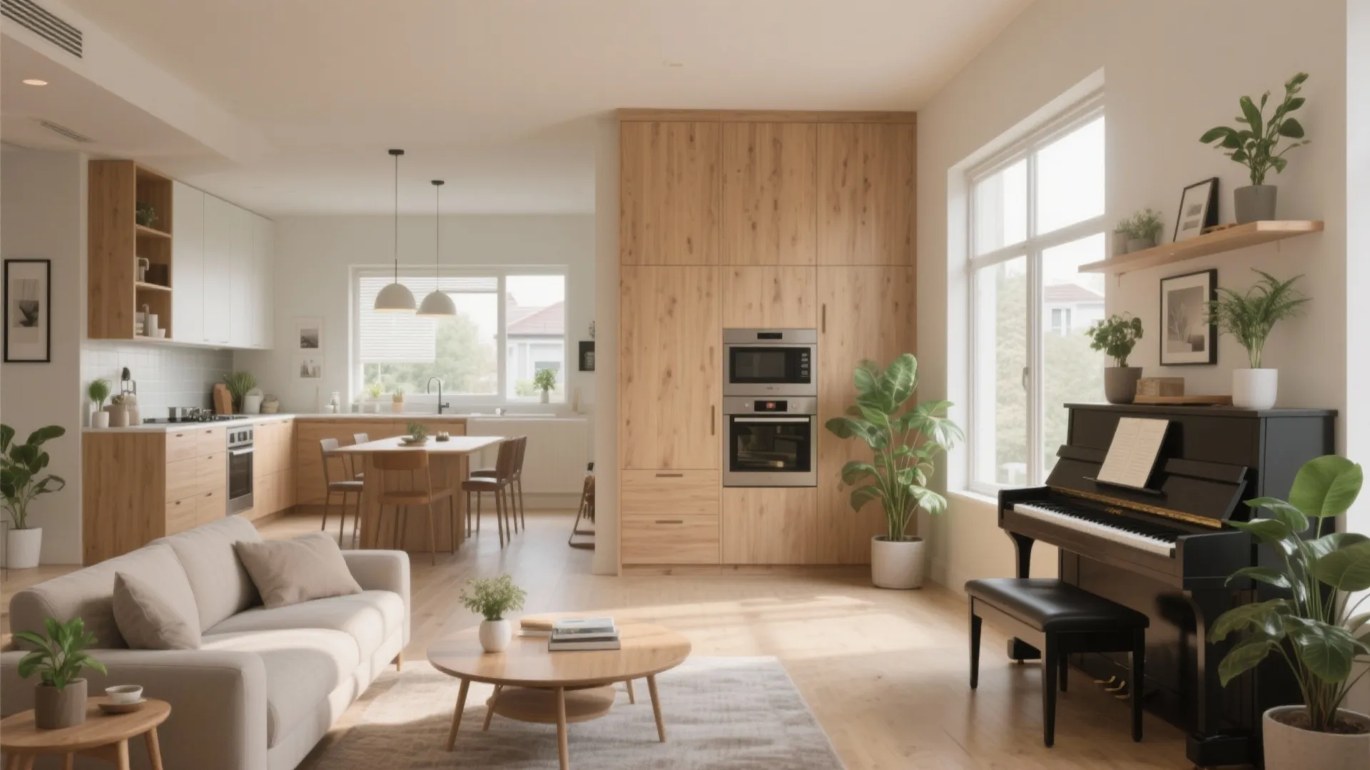 Modern open plan living room with beige sofa wooden floor black piano and natural light