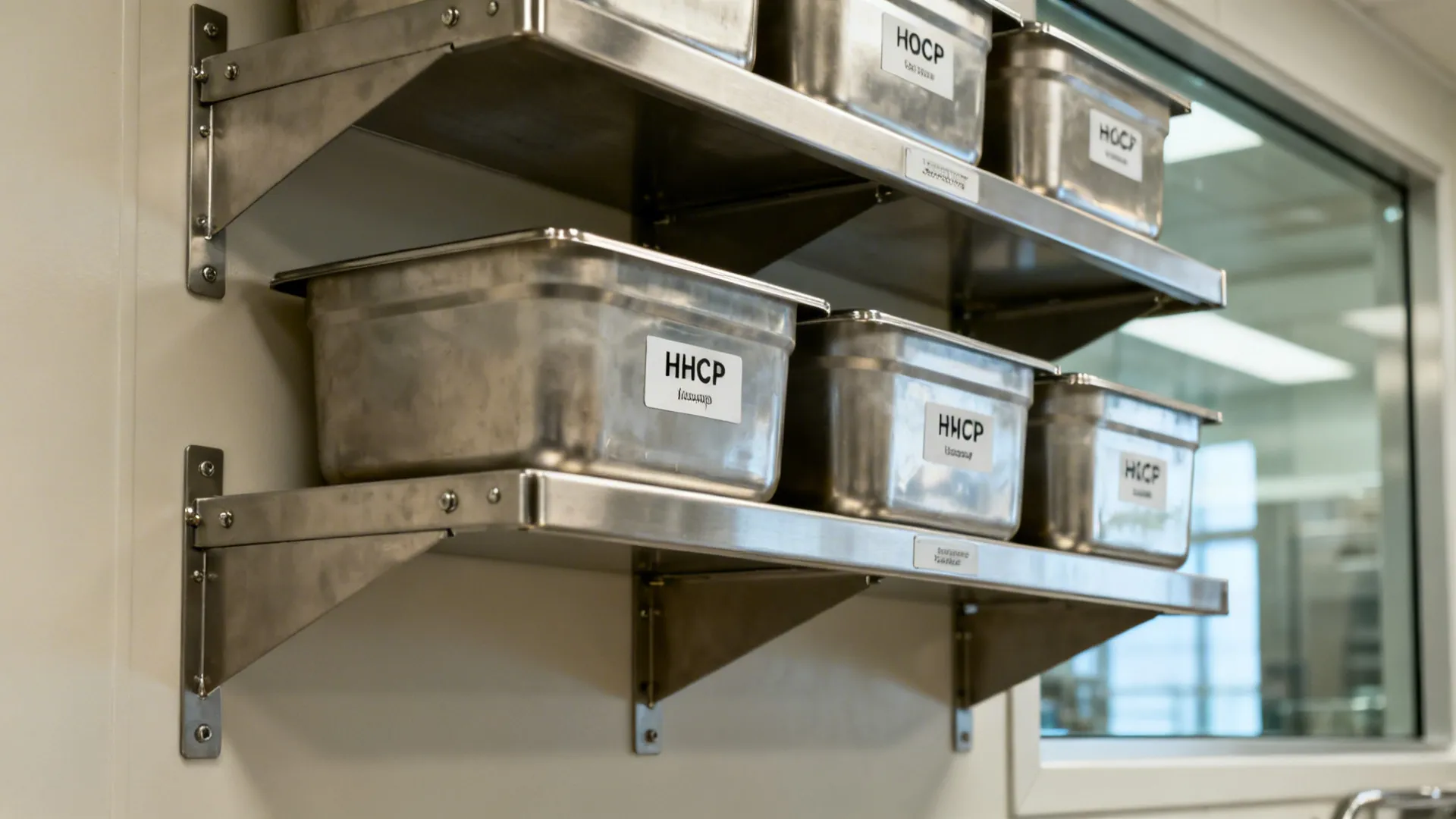 Open SS304 wall shelves with clear labeled bins for fast, hygienic access in a compact kitchen.