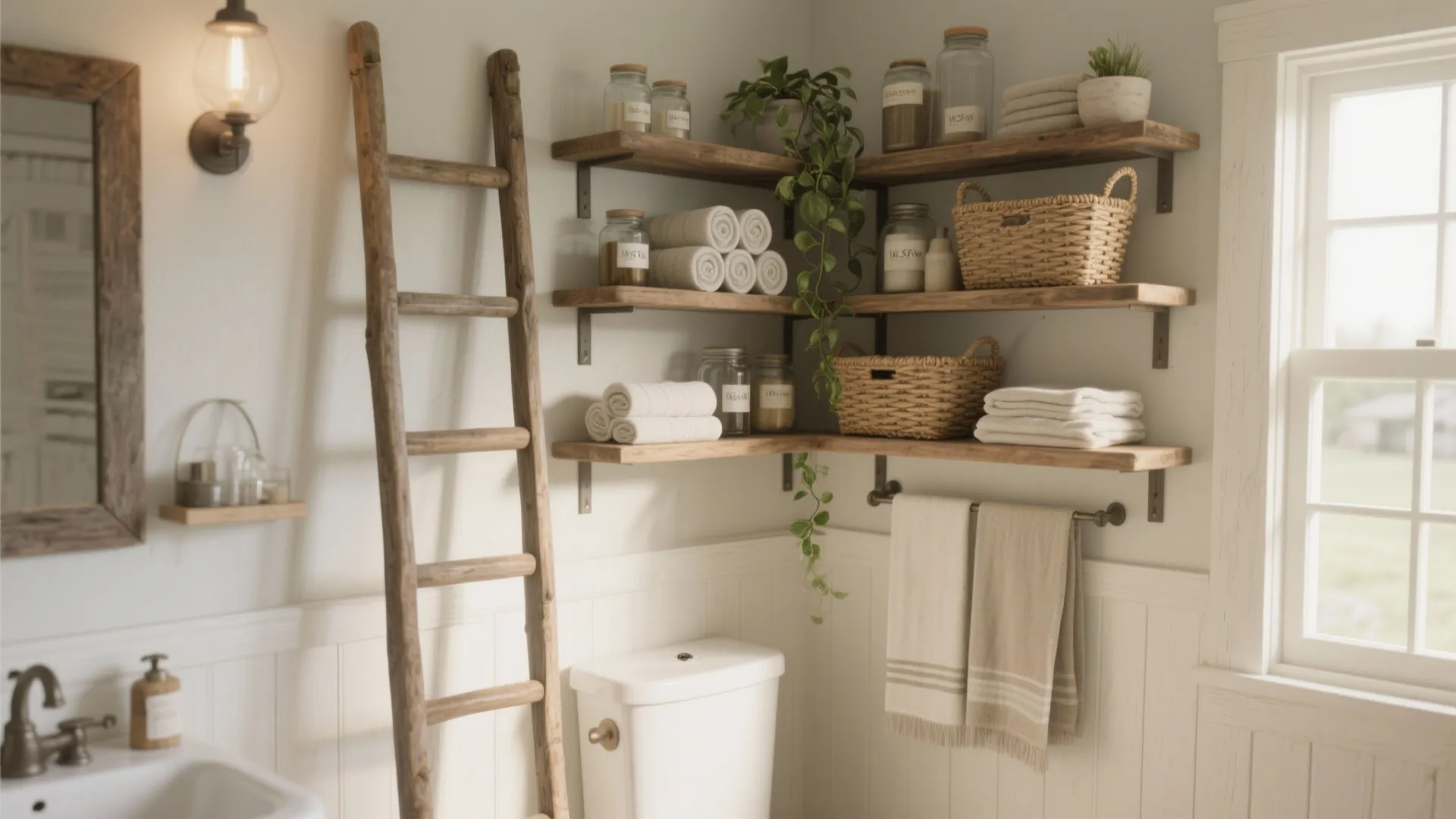 Bathroom corner with white toilet wooden ladder corner shelves holding jars baskets towels and green plant