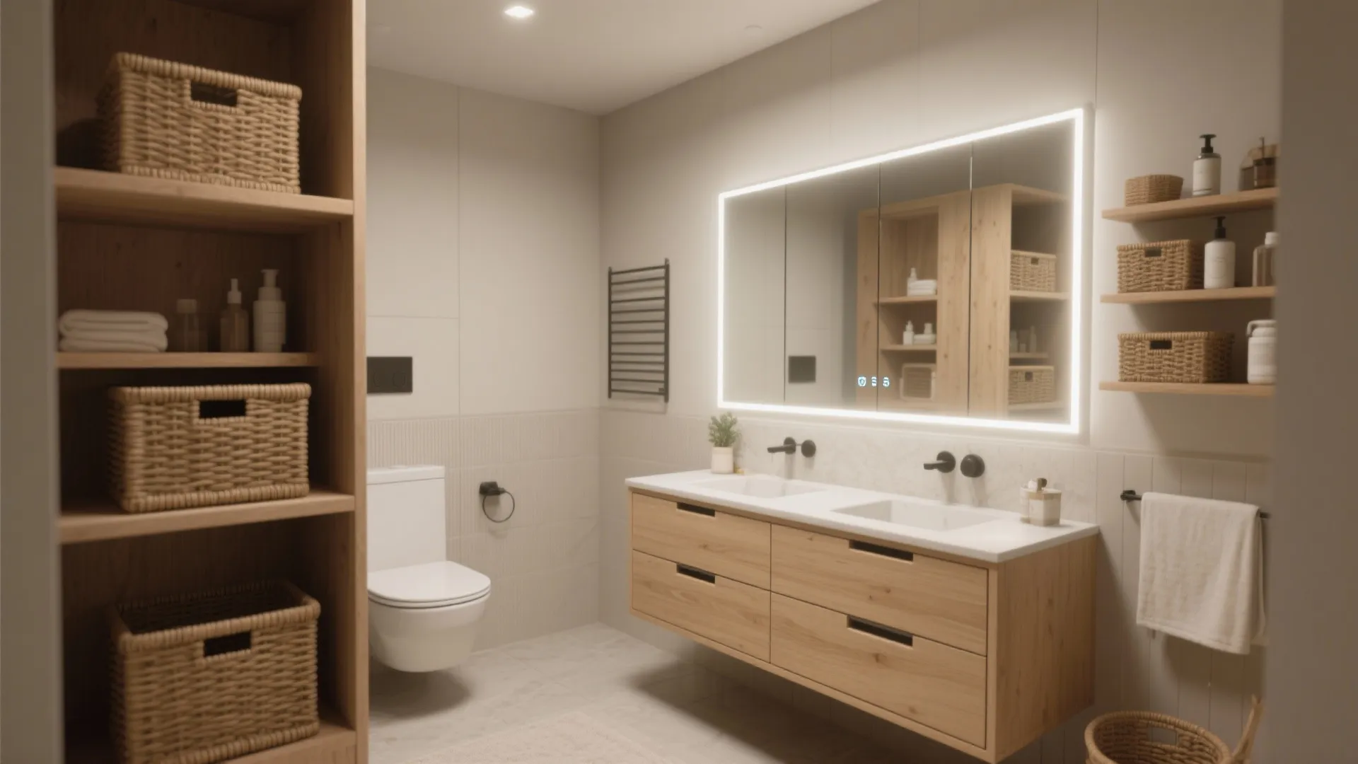 Small bathroom with open shelving, airy baskets and slim drawers for hygienic storage