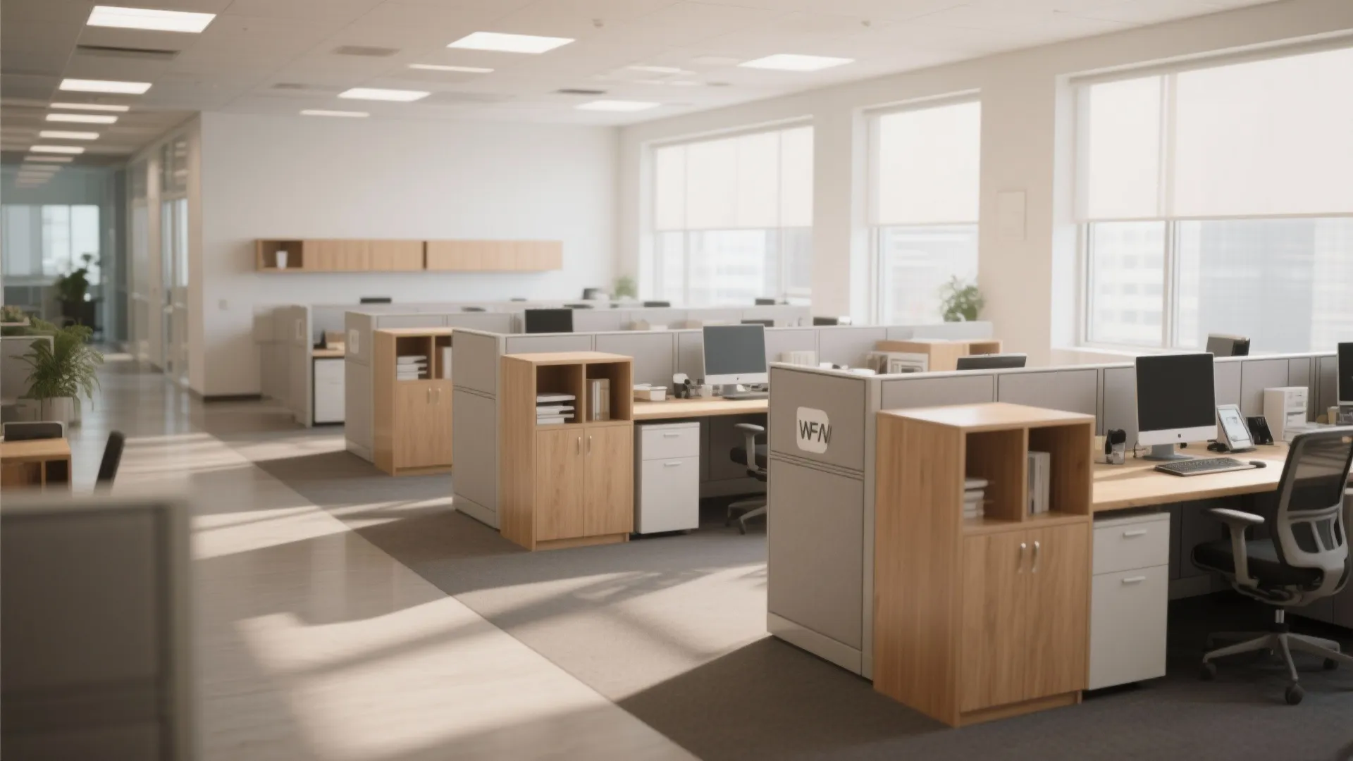 Bright open office interior with wooden storage cabinets grey workstations computer monitors and large windows