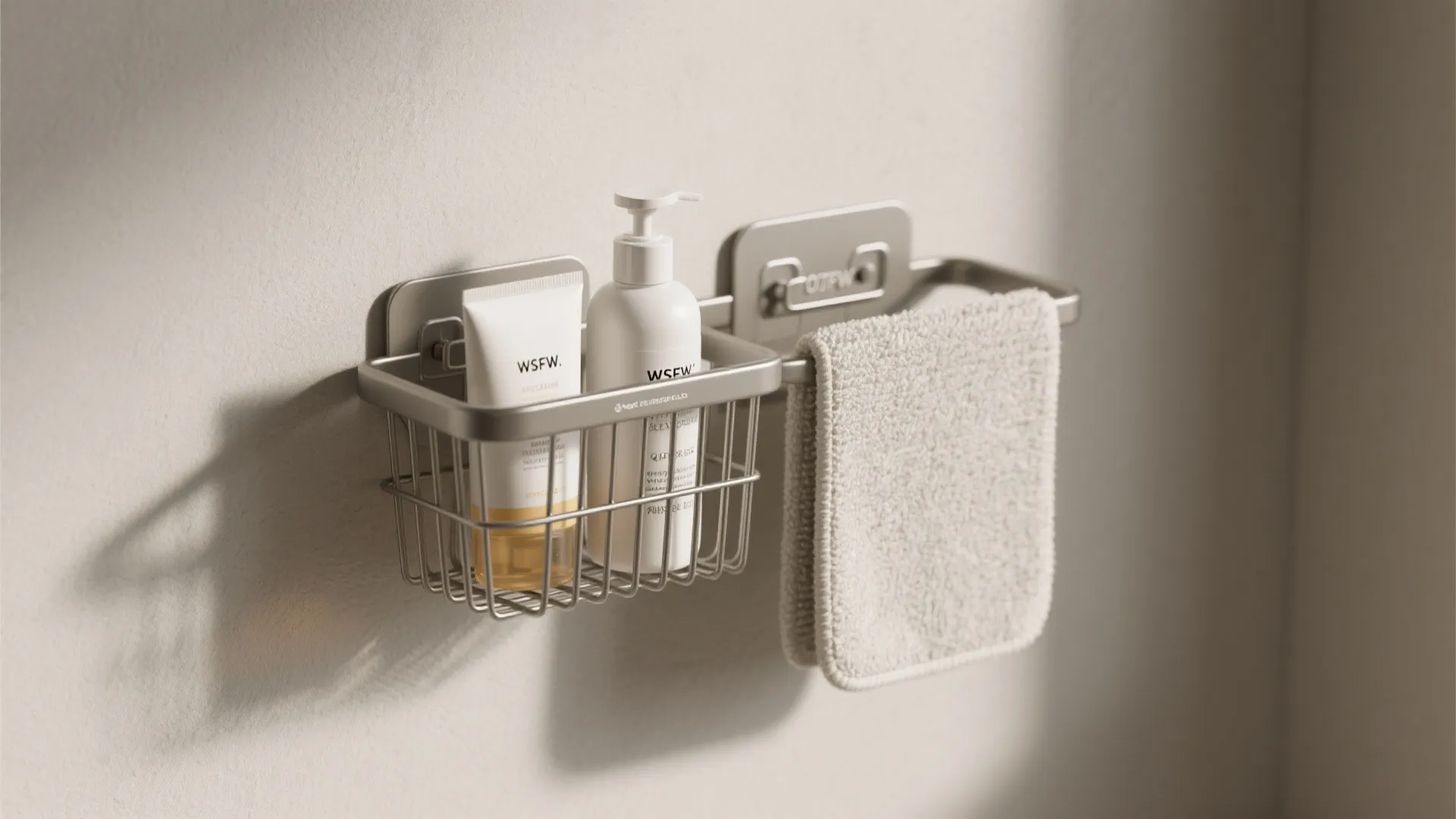 Metal wire basket holding bathroom bottles with white towel hanging on small silver wall bar