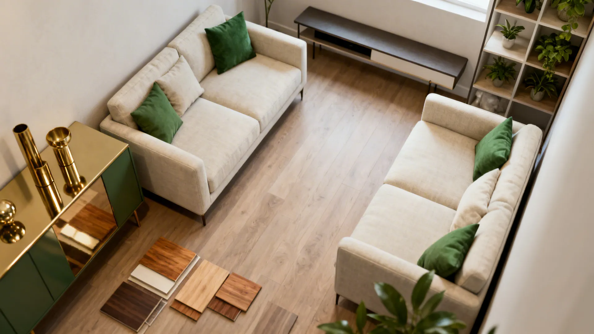 Material and color palette with light upholstery swatches, wood samples and open shelving accents