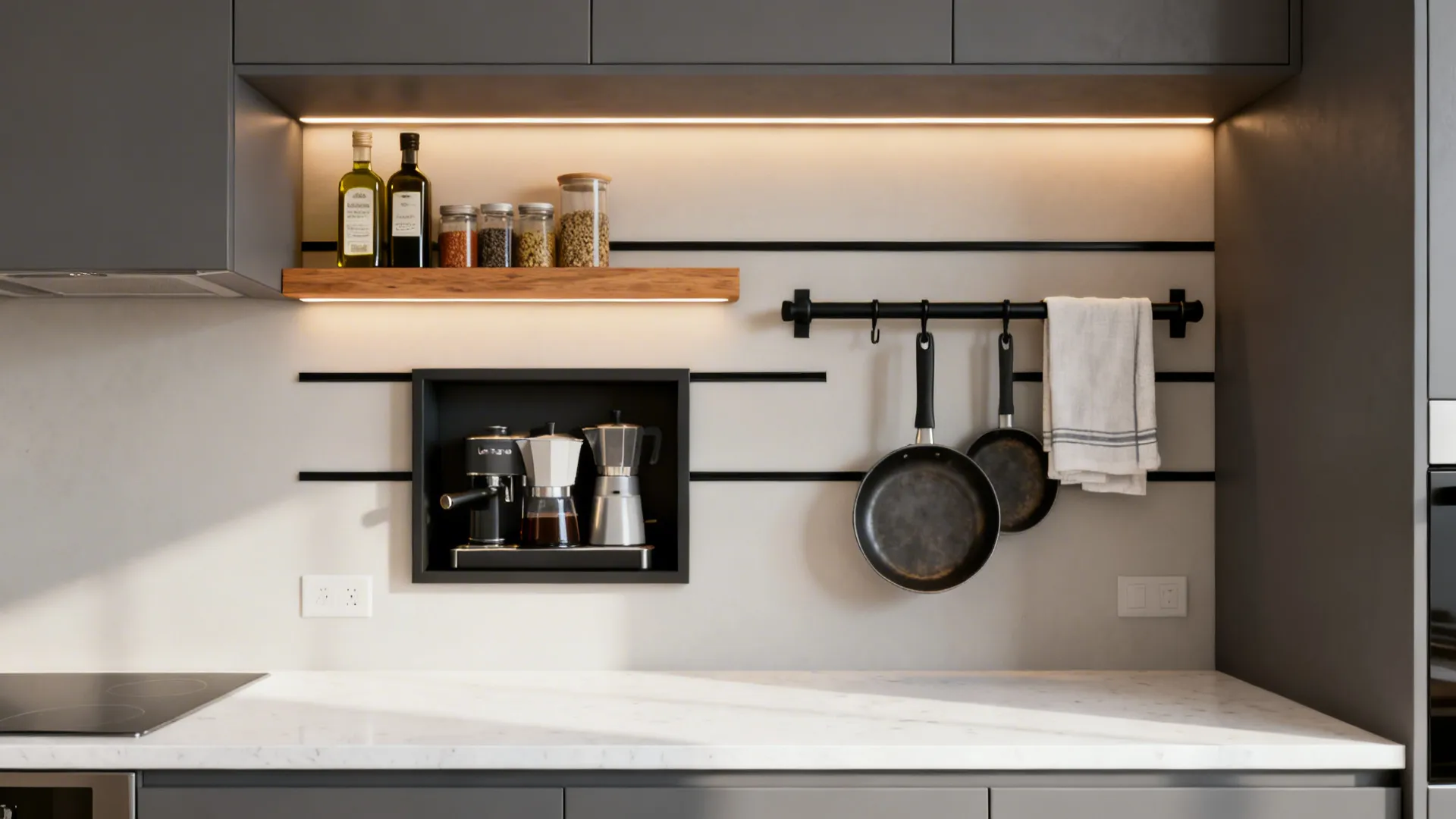Modern kitchen wall with an oak ledge, black rail system, and a framed coffee niche under warm LEDs.