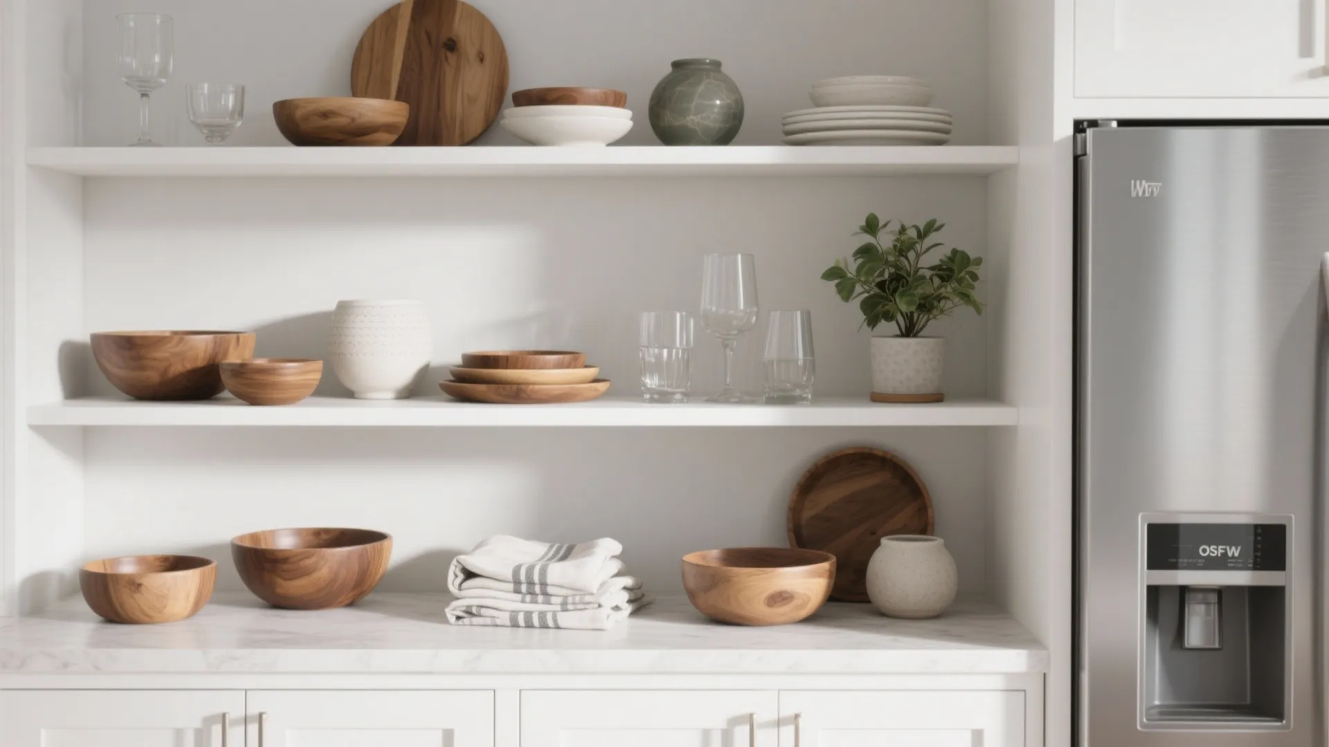 White open shelves organized with wooden bowls and plates next to a stainless steel refrigerator