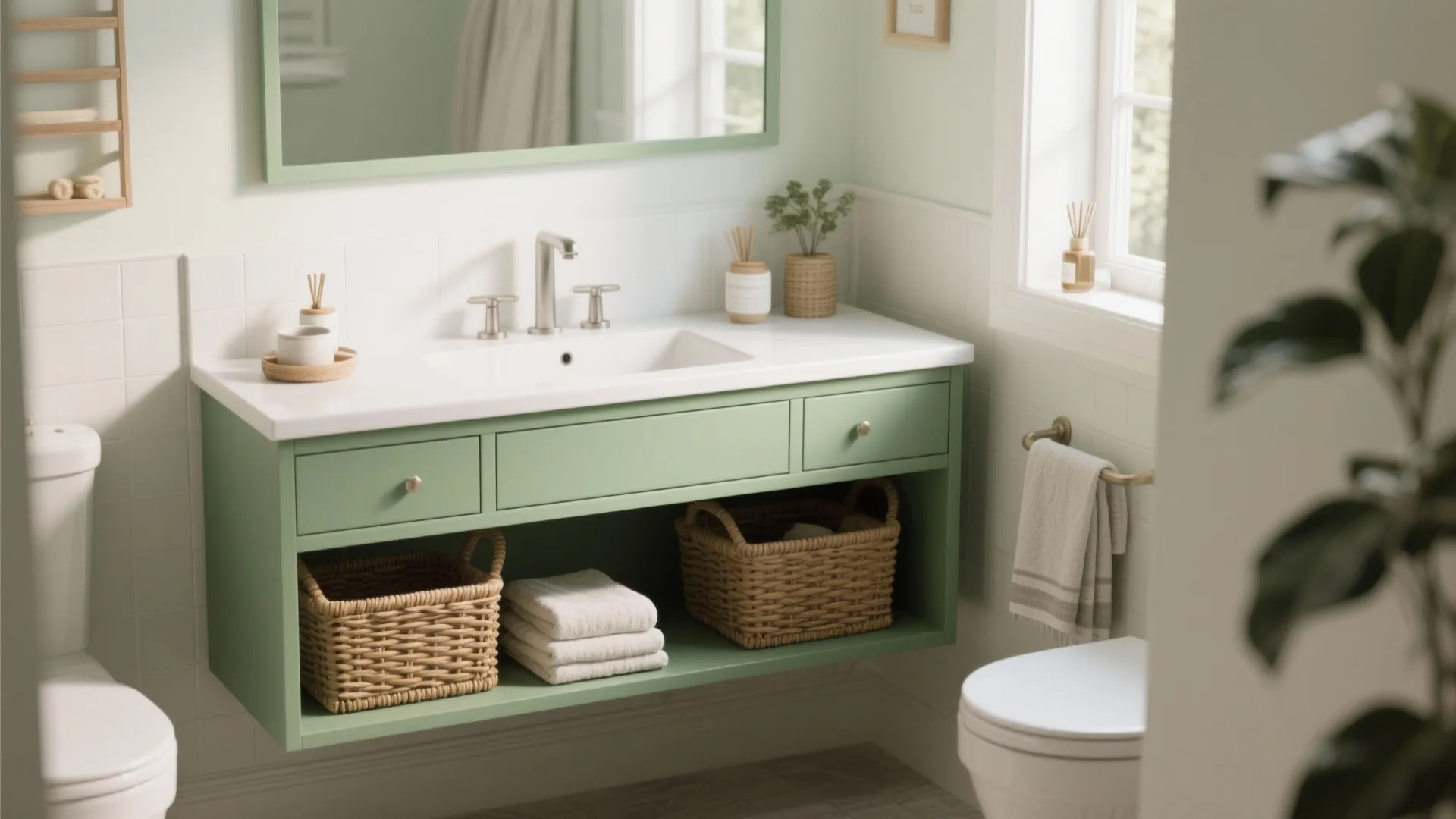 4. Green Vanity with Integrated Open Storage
