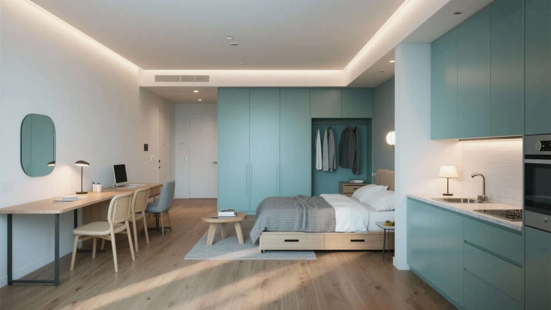 Modern studio apartment featuring teal cabinets wooden bed desk kitchen area and warm soft interior lighting