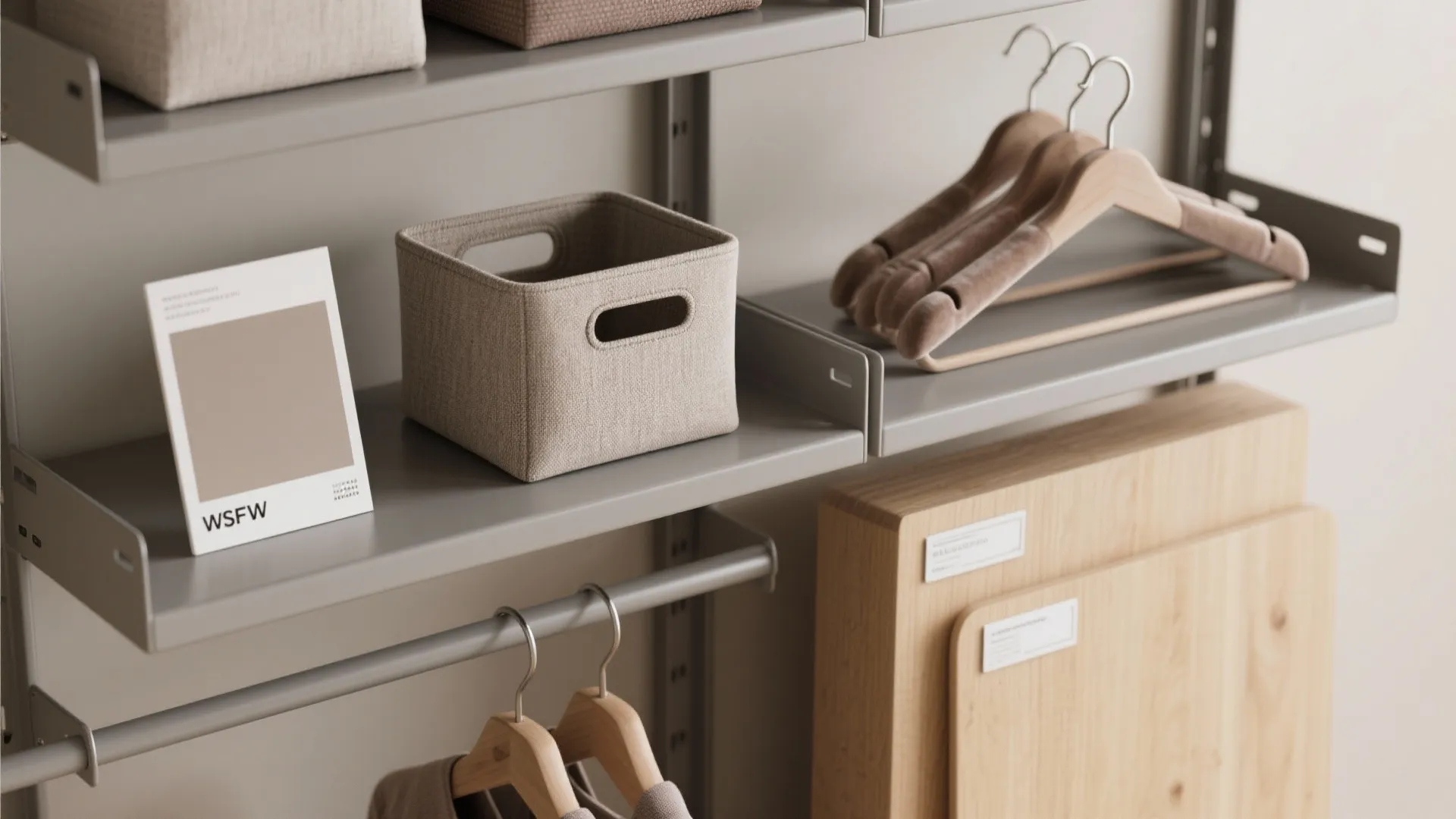 Flatlay of materials for an open rack system including metal, fabric bins, velvet hangers, and oak laminate.