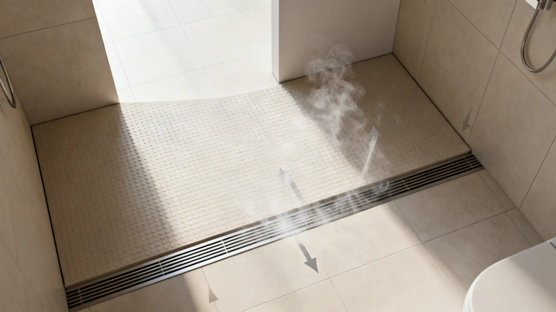 Top-down layout of a bathroom showing a half wall with open top and floor slope to a linear drain.