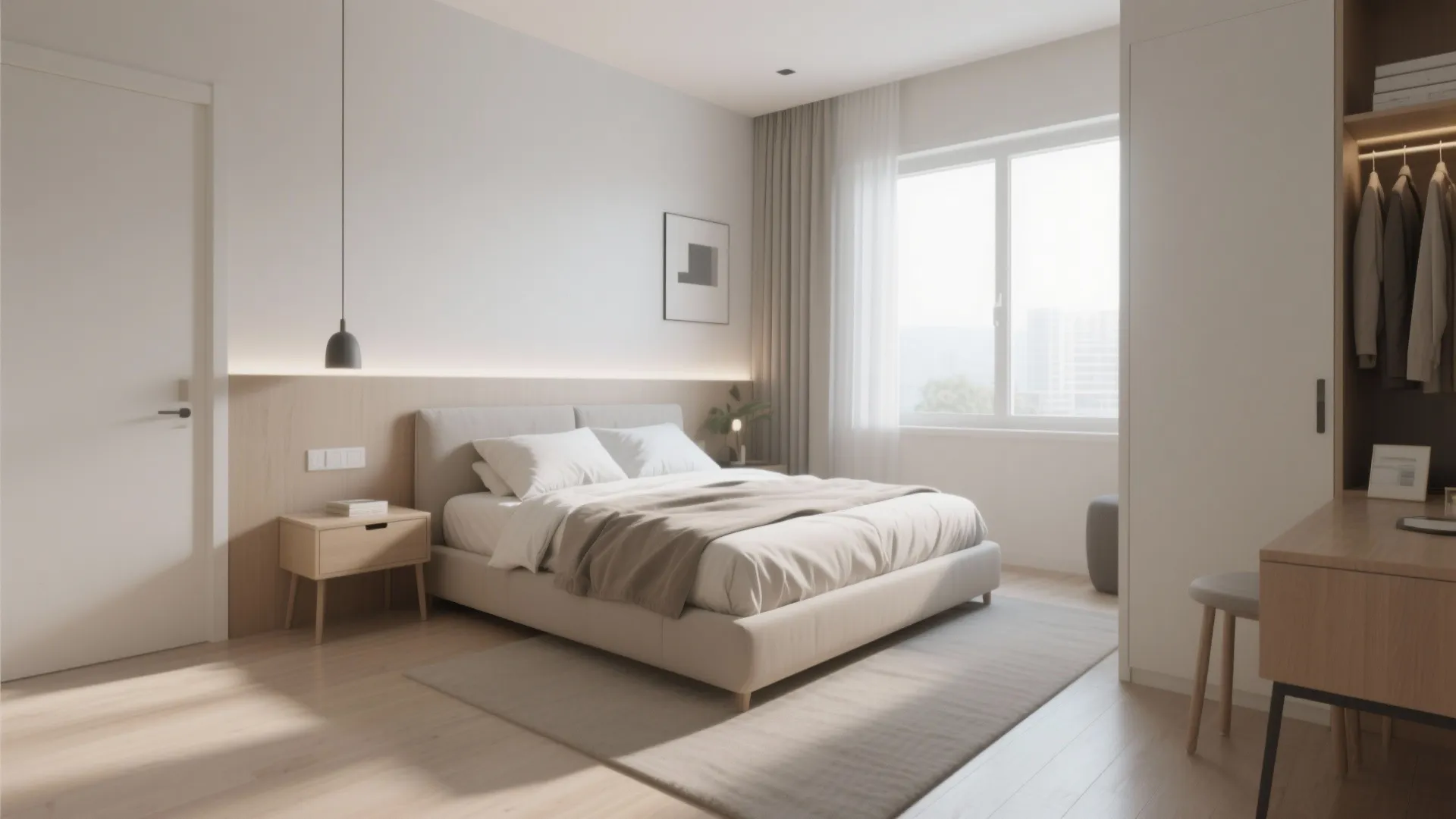 Modern minimalist bedroom with beige bed wood floor white walls large window and natural light