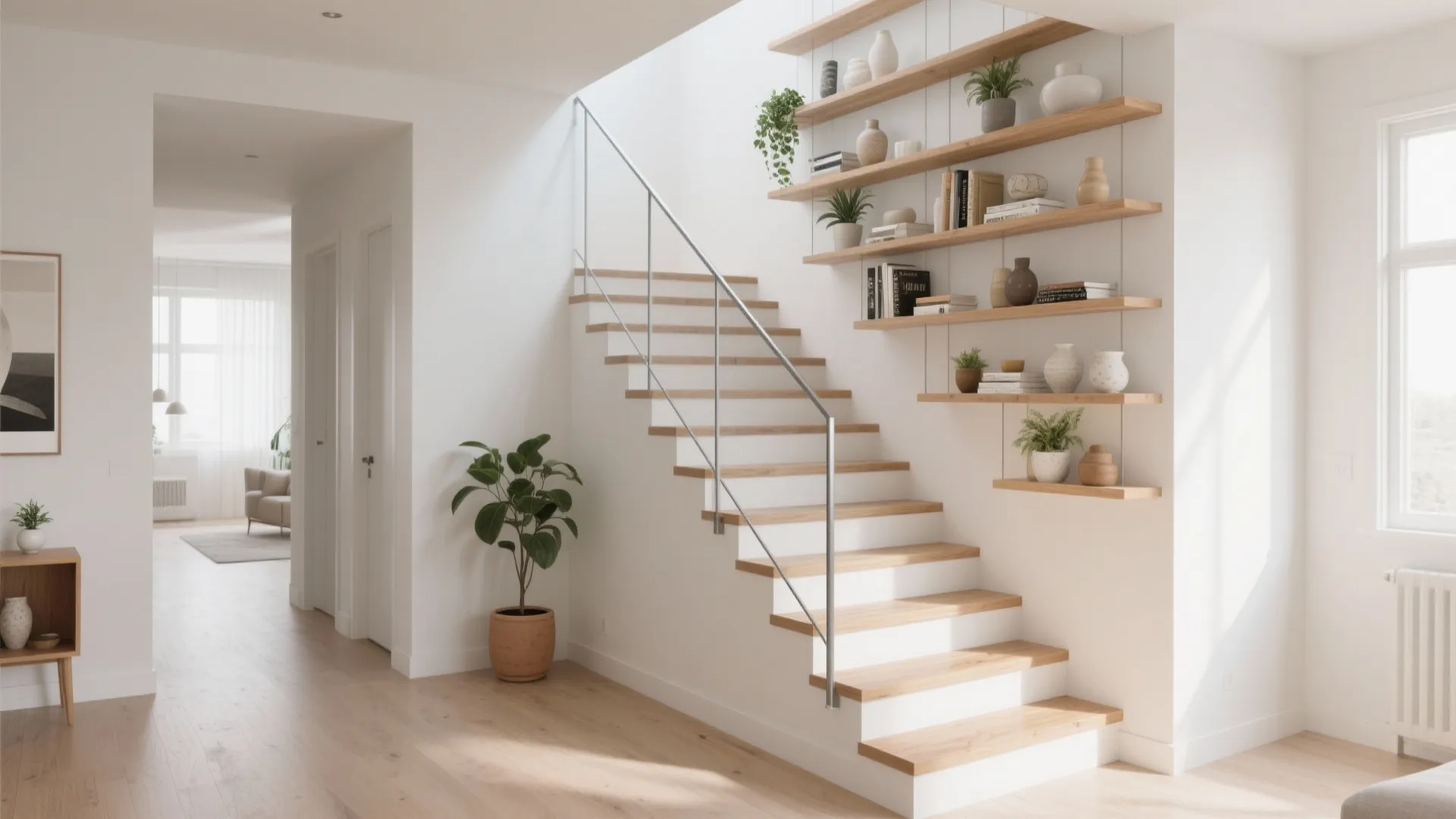 Open-tread staircase with integrated vertical shelving styled with plants and ceramics in a bright, airy studio.