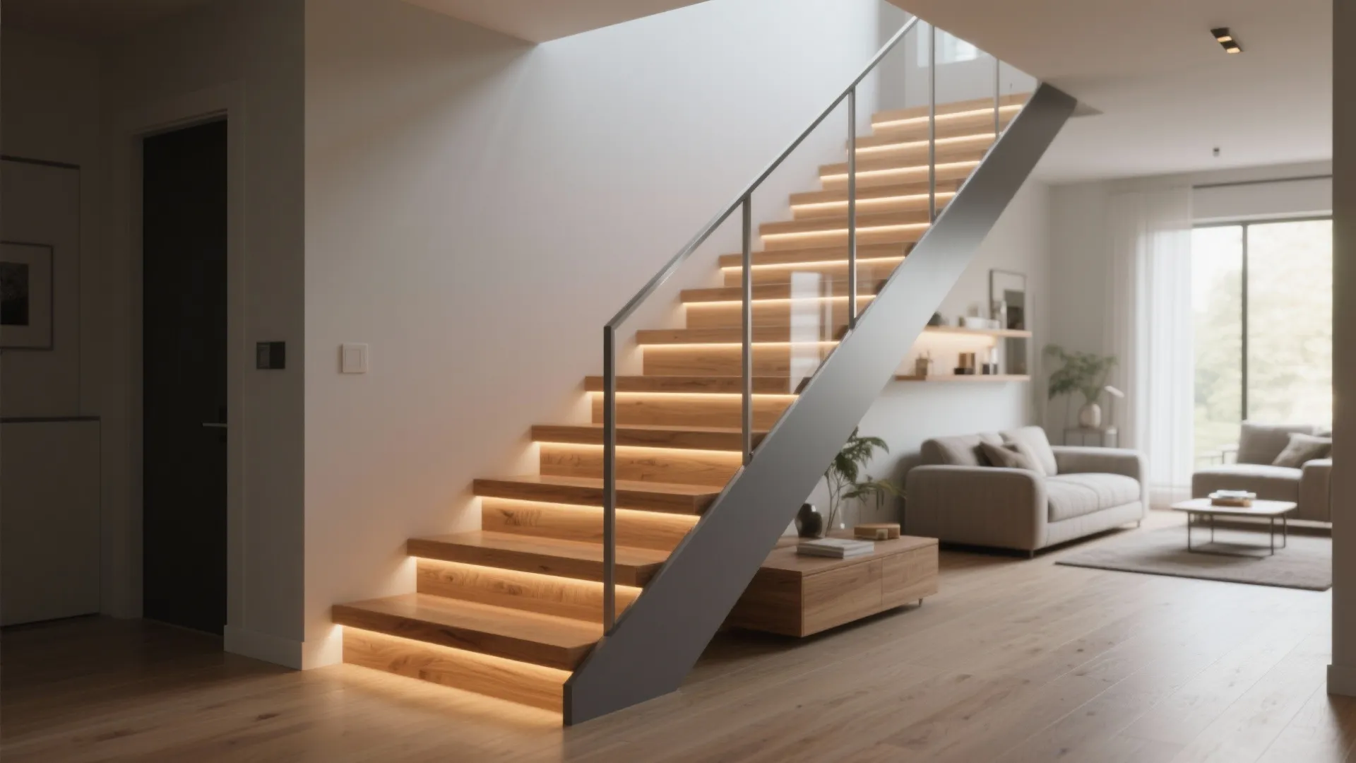 Open-riser staircase with integrated LED strip lighting under each tread in a compact living room.