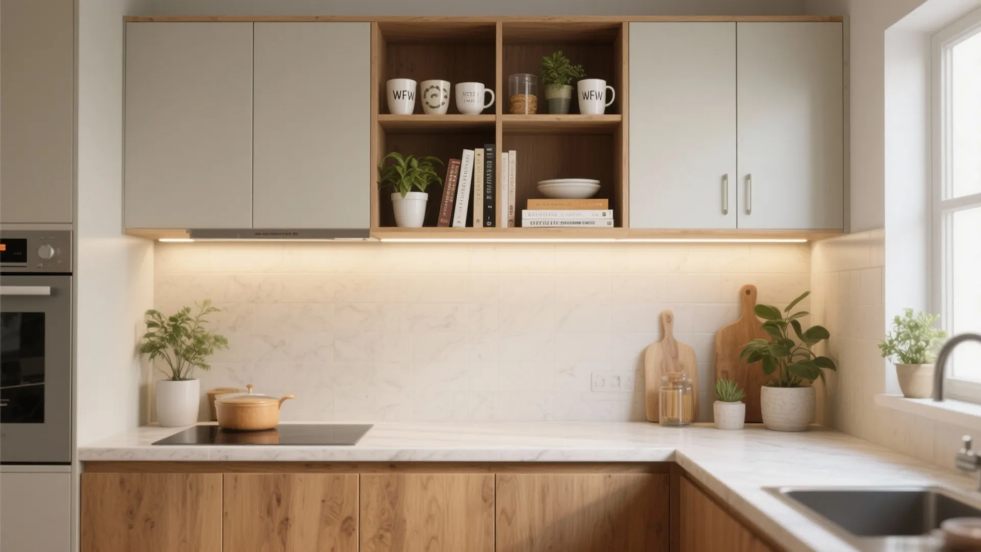 Modern kitchen with white upper cabinets wooden lower cabinets marble backsplash and clean white stone countertop