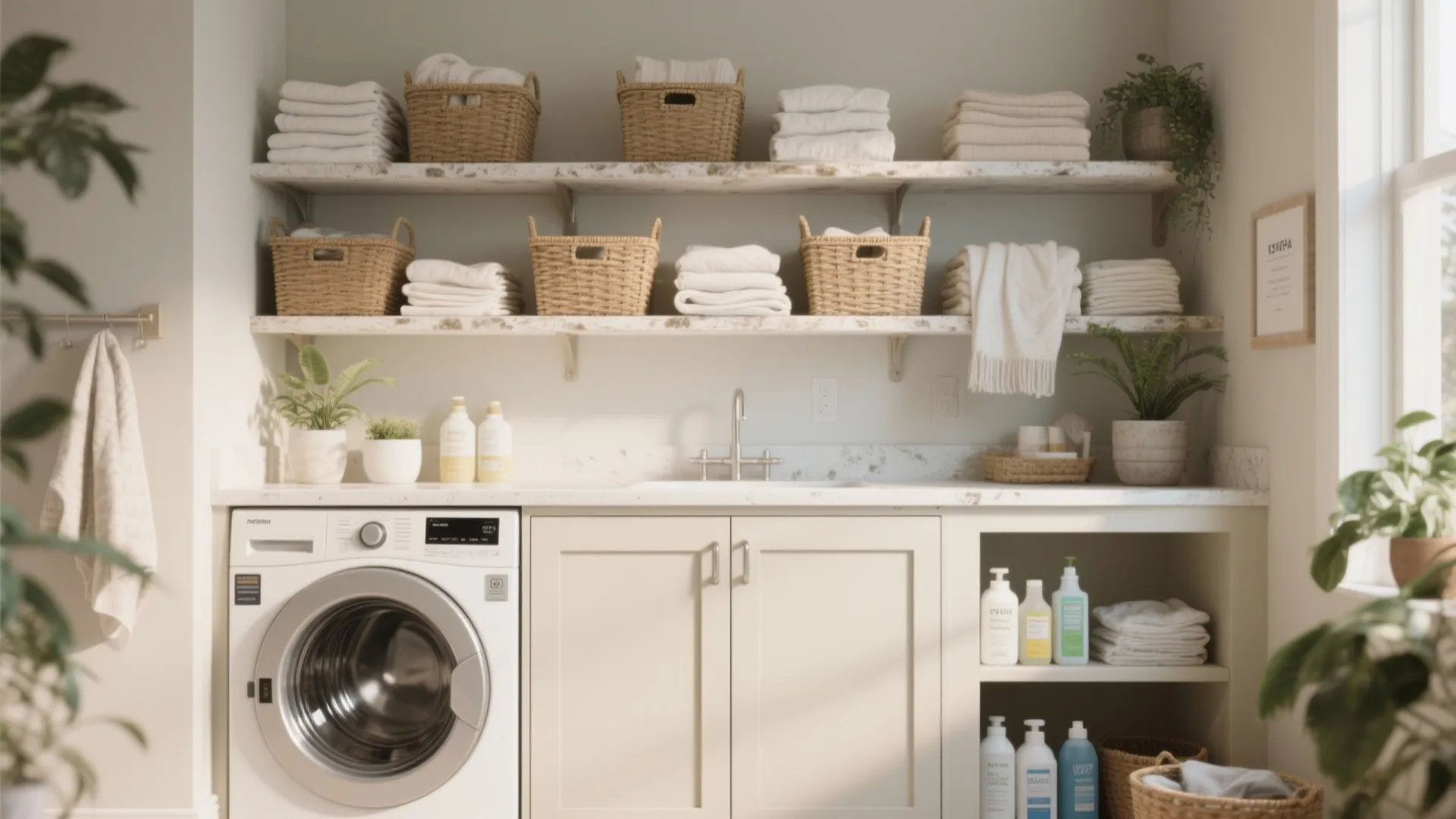 Bright laundry room with washing machine white cabinets wooden shelves wicker baskets and folded white towels
