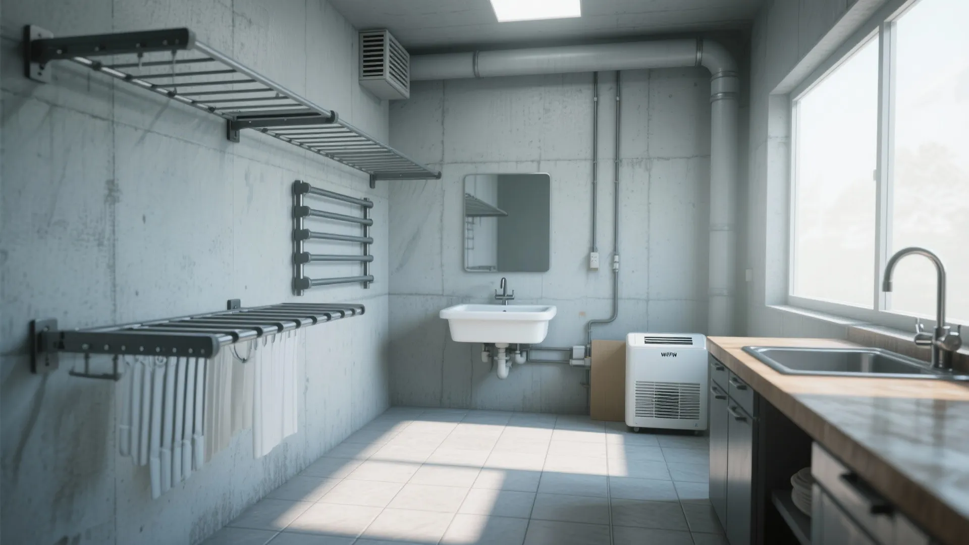 3. Open utility room with drying racks and a sink