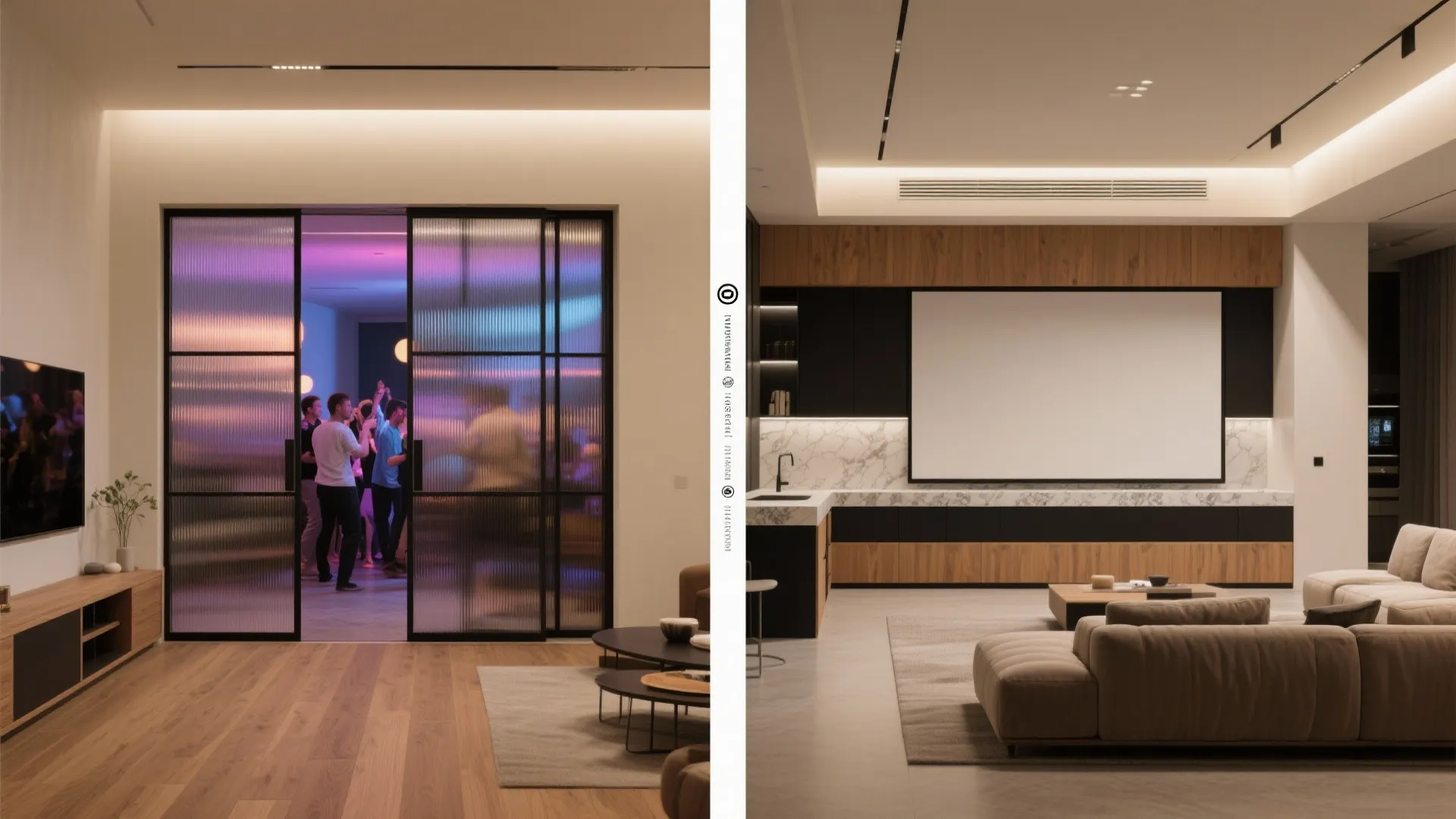 Side by side comparison of entertainment room with glass doors versus a home theater living room
