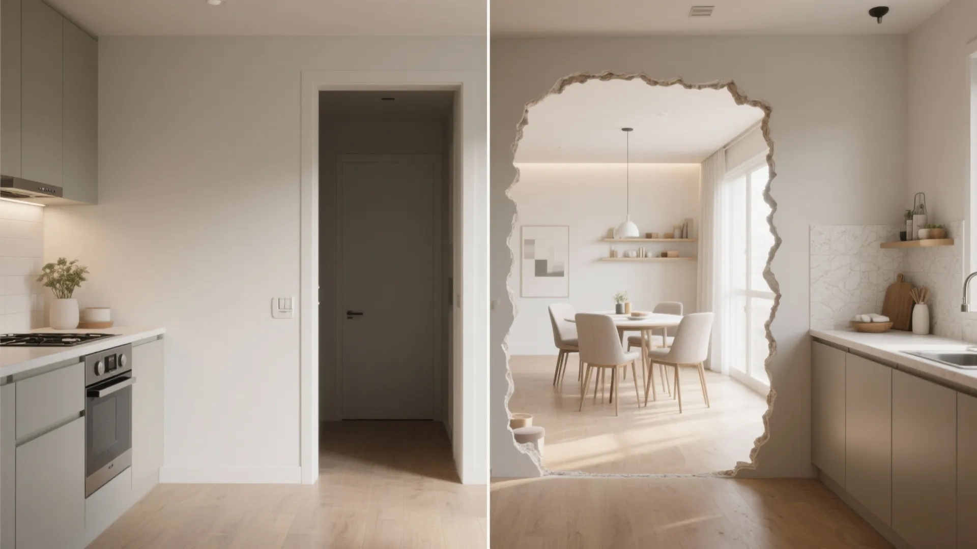Before and after comparison showing a solid kitchen wall transformed into an open dining room