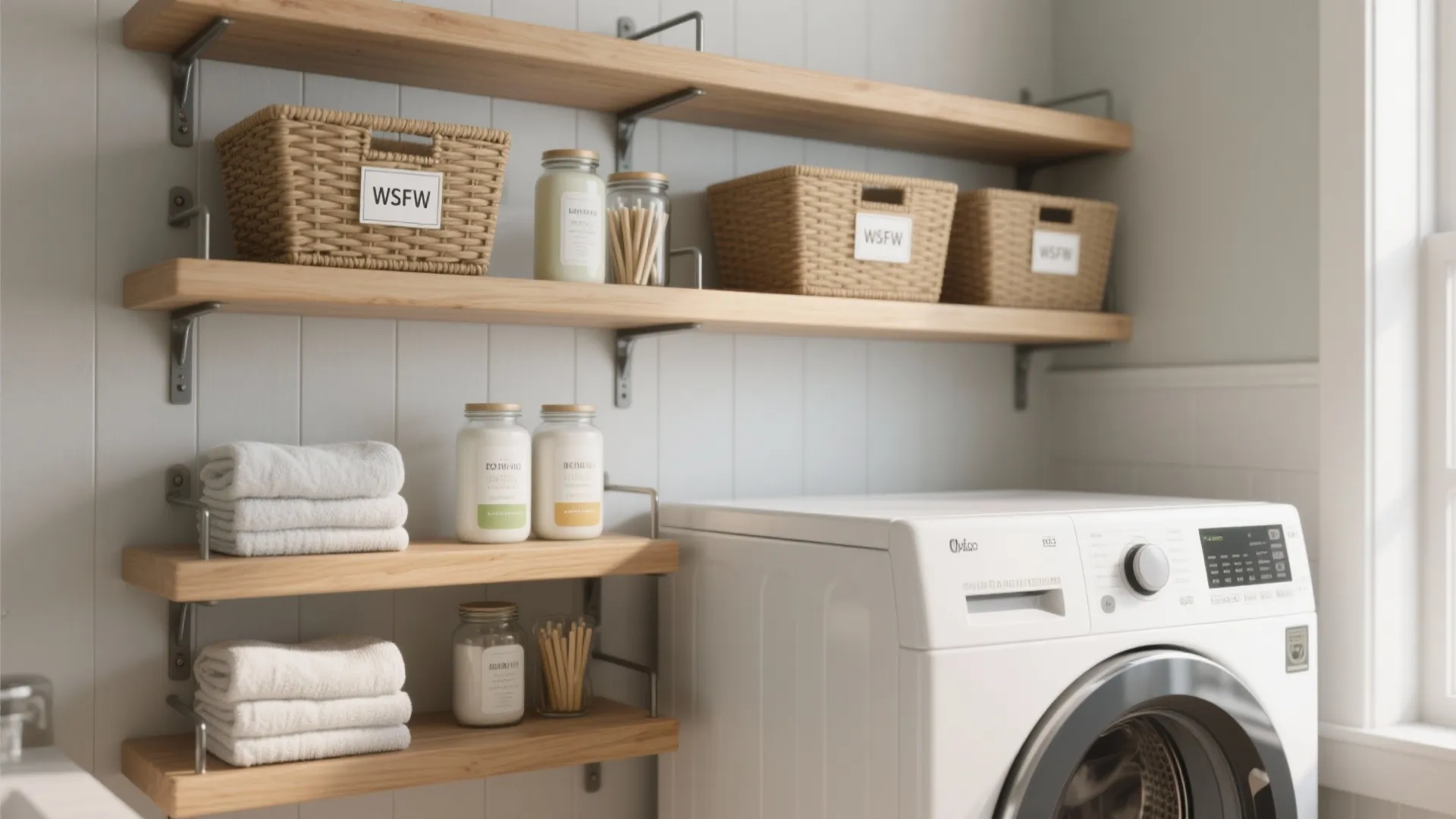 1. Open wall shelves above the washer