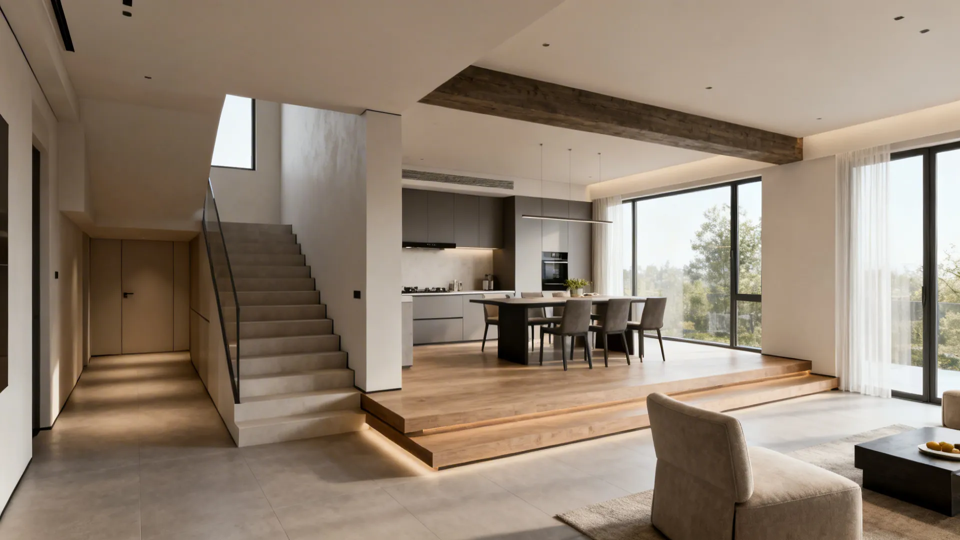 Open-plan living room after removing a partial wall, aligned sightlines and slightly raised floor.