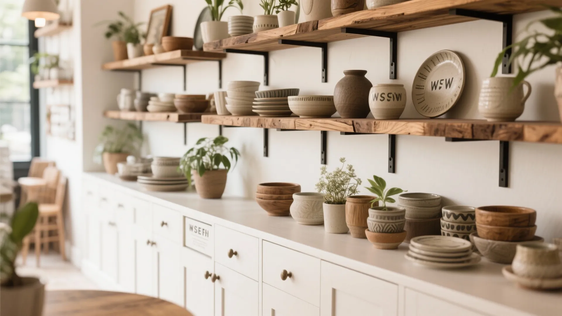 5. Accent open shelving in brown with white cabinetry