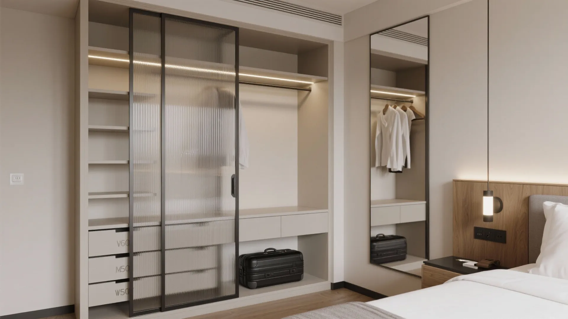 Modern bedroom featuring built in open wardrobe with glass sliding doors shelves and hanging shirts