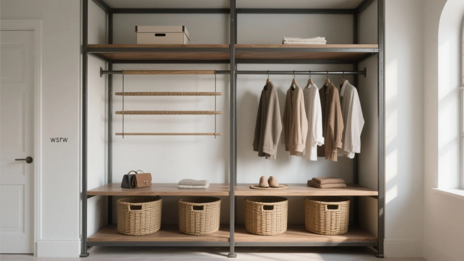 3. Open wardrobe with mixed rods and baskets