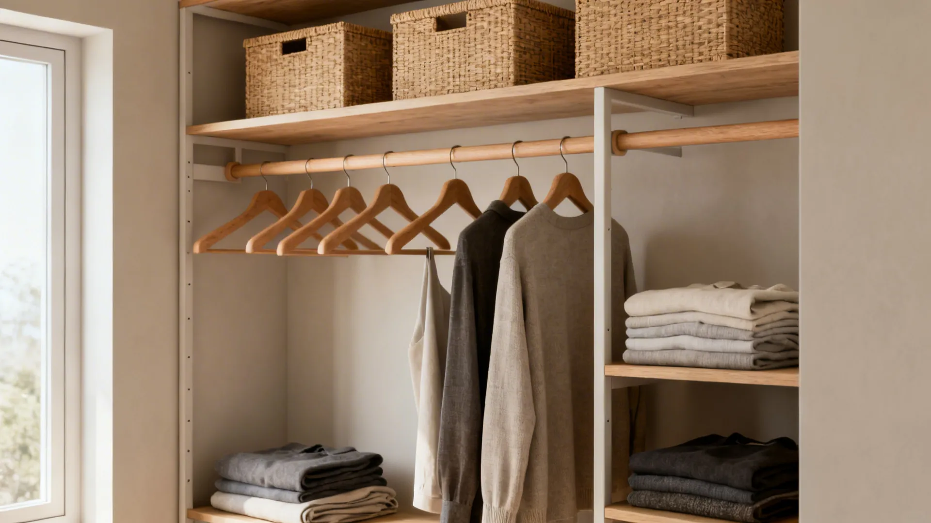 Compact open wardrobe with matching hangers, overhead shelf and woven bins in a small bedroom.
