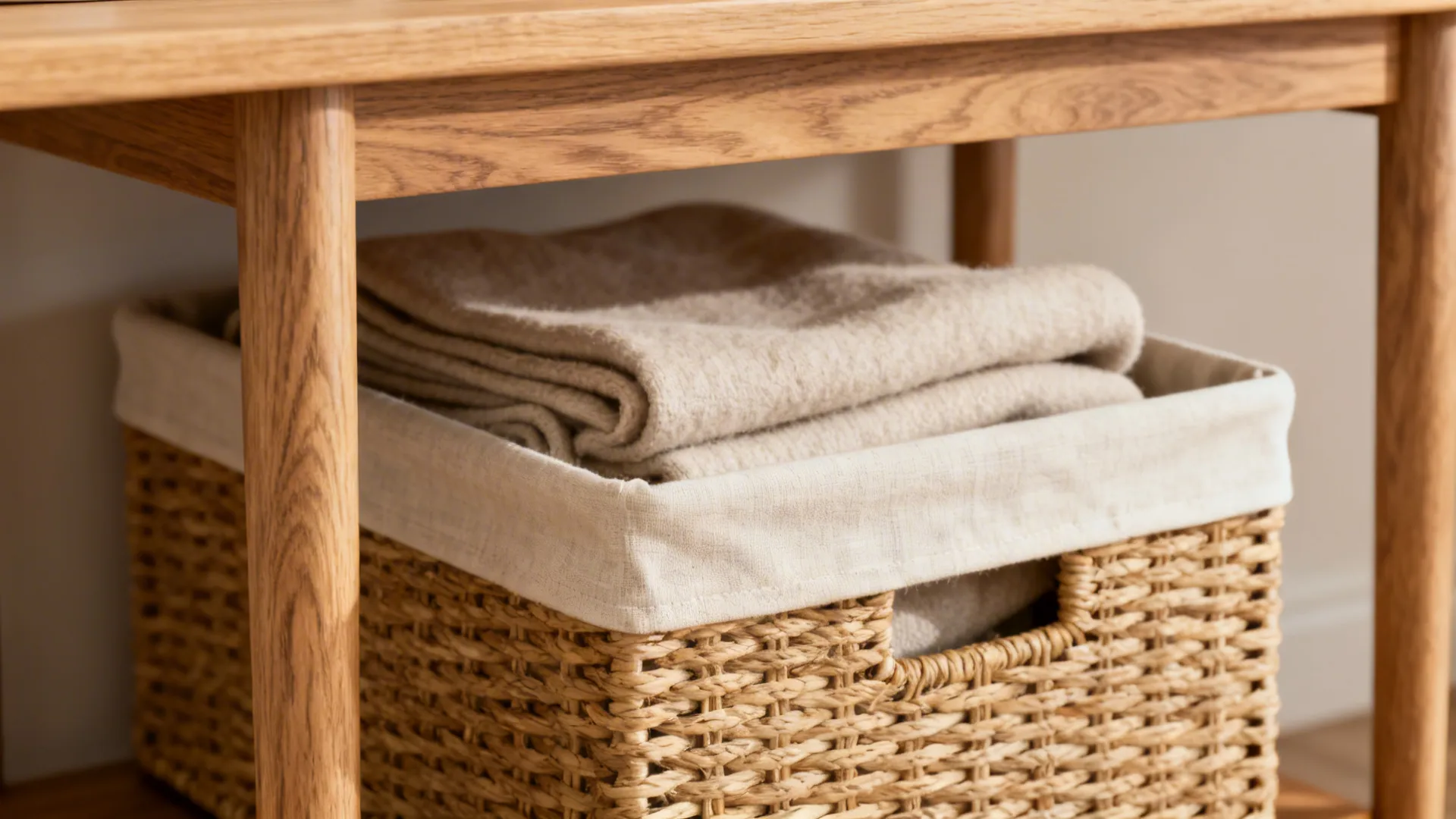 Open-weave basket with a removable liner under a slim console holding folded blankets.