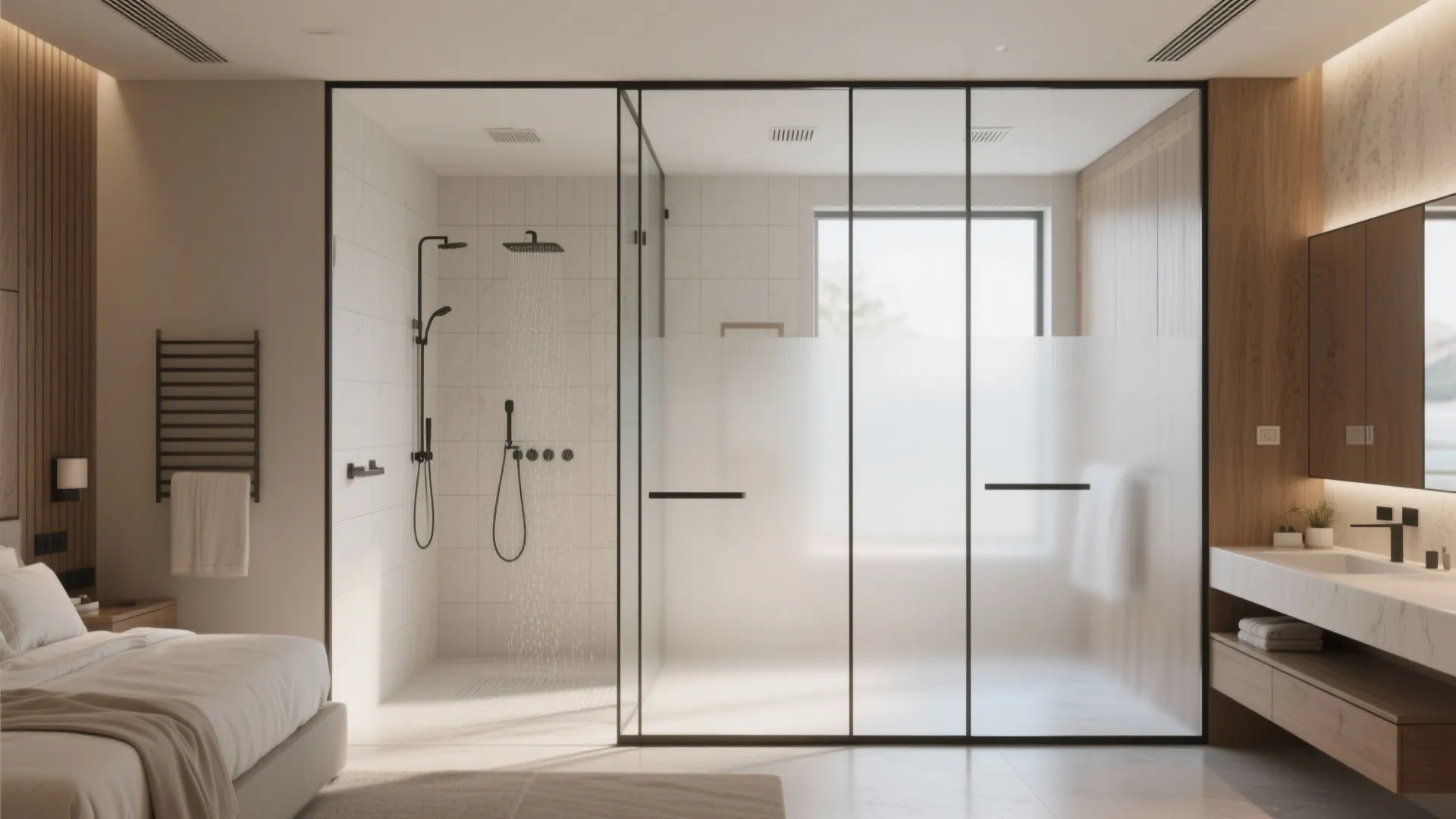 Open-plan wet zone in a master suite separated by a clear glass partition with frosted privacy strip
