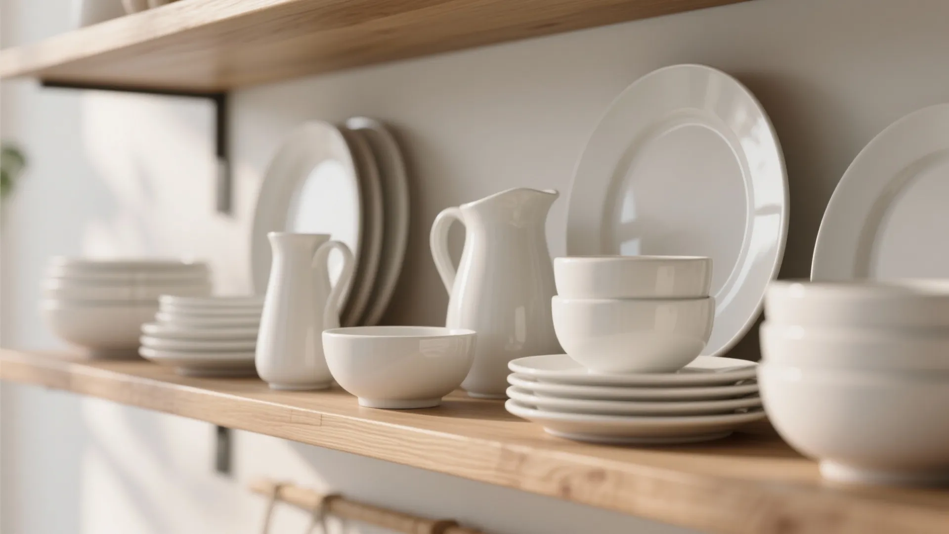 1. Open shelving with curated white ceramics