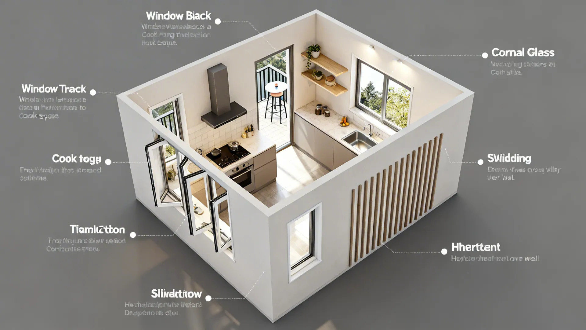 Top-down plan view illustrating five open kitchen window strategies in a compact layout.