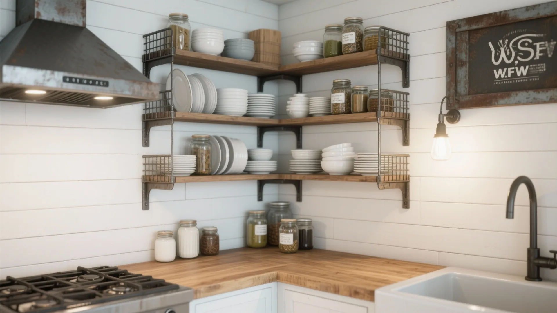 Industrial kitchen corner with wooden shelves featuring metal wire baskets and stacked white ceramic dishes