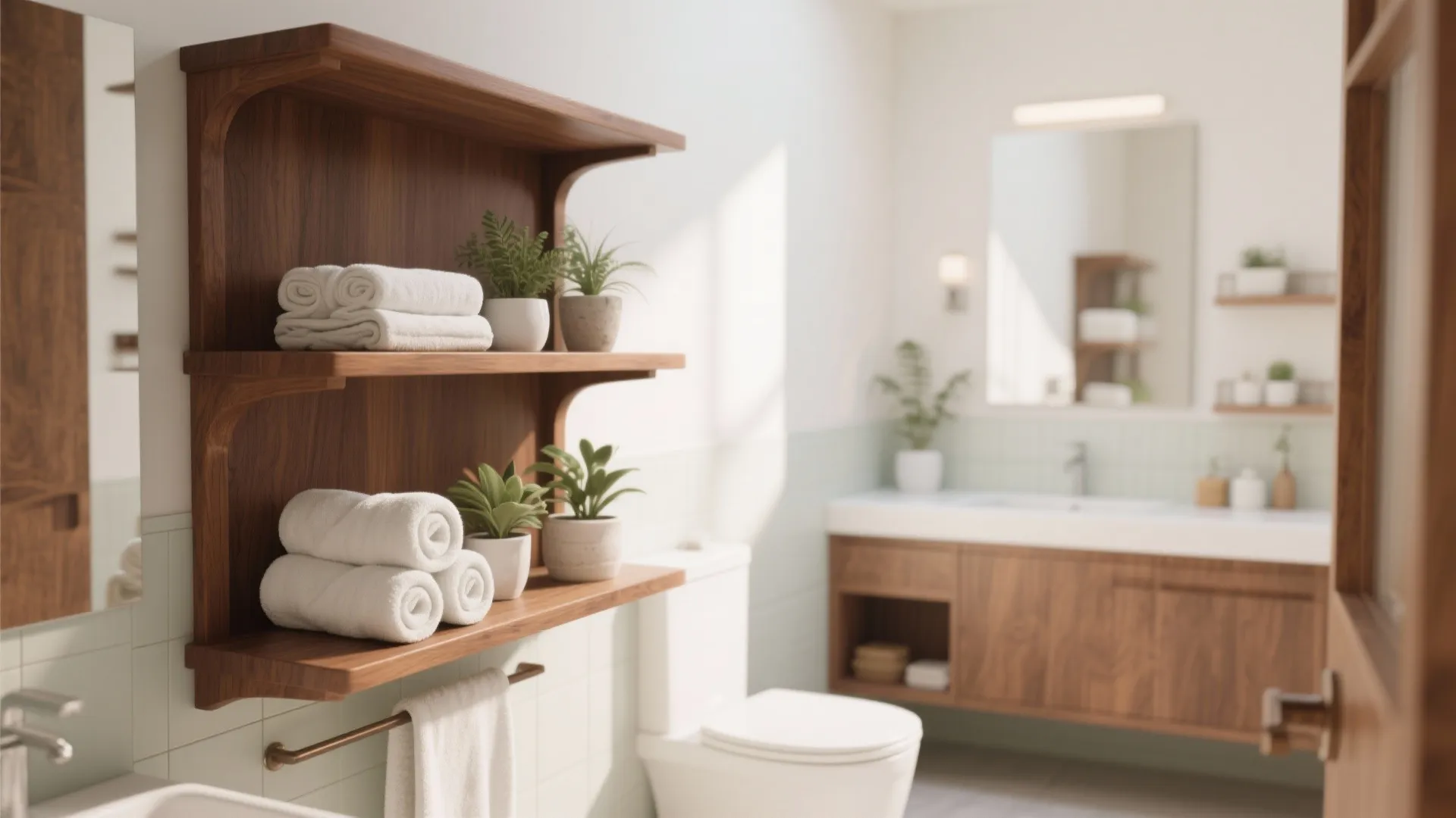 4. Open Shelving with Warm Wood