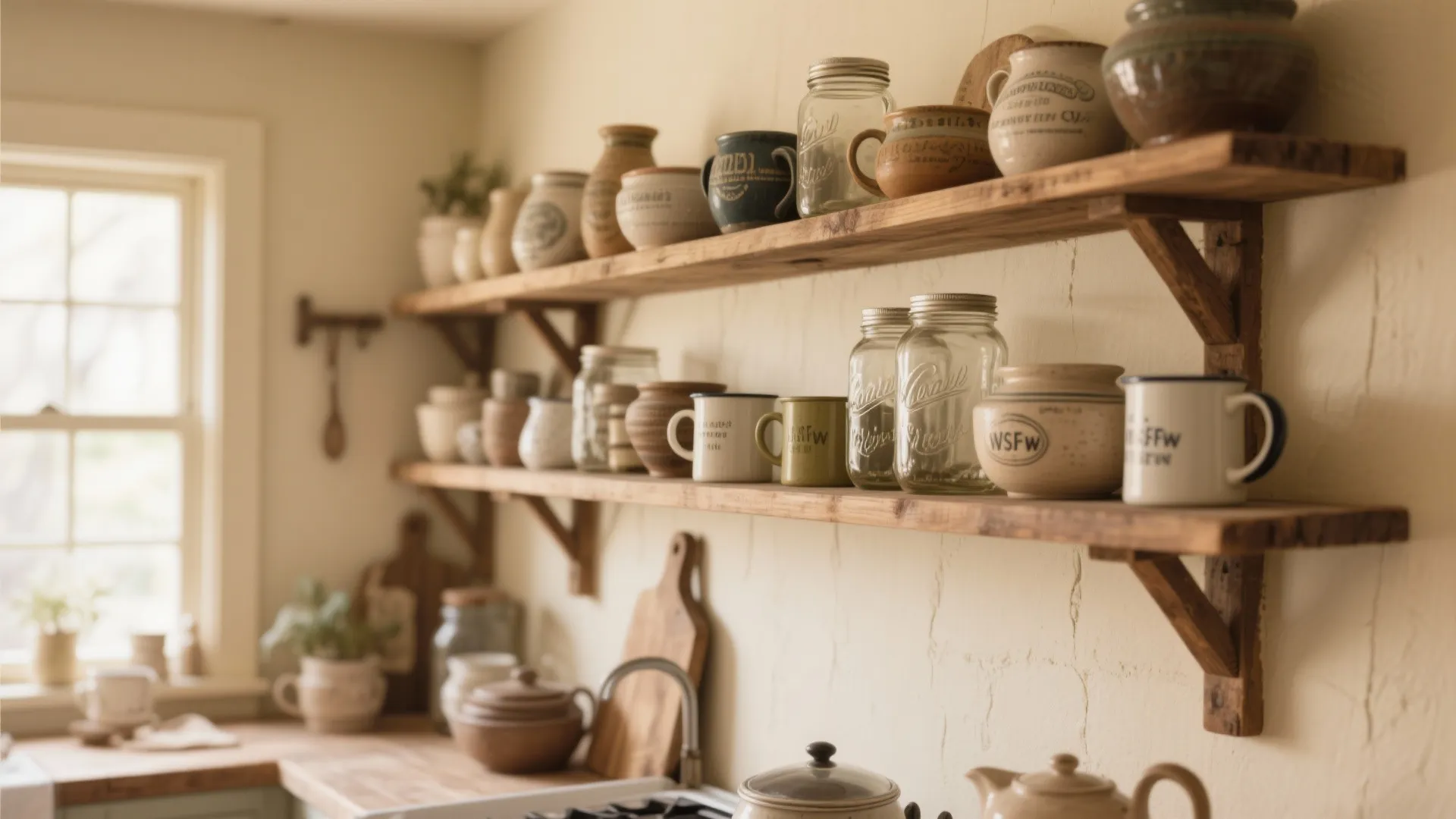 Rustic open wood shelves displaying vintage mugs and jars
