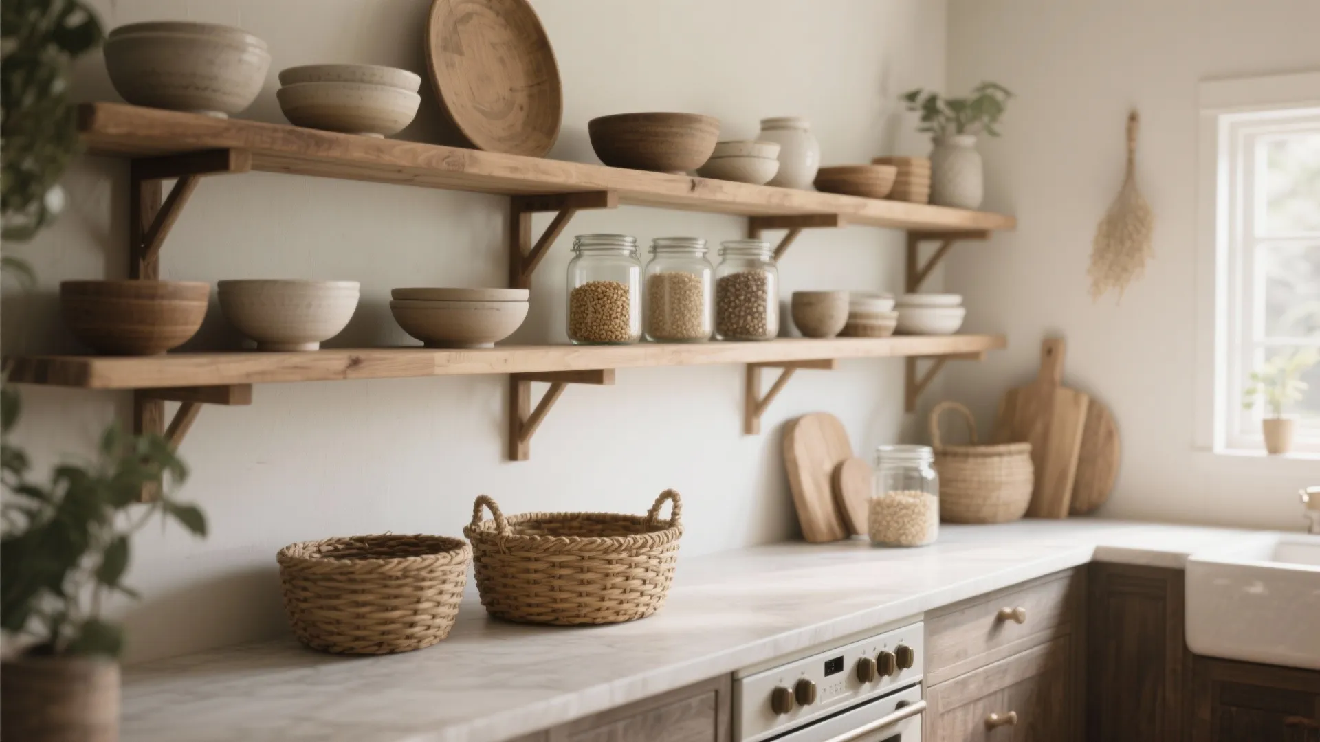 7. Open Shelving with Natural Wood