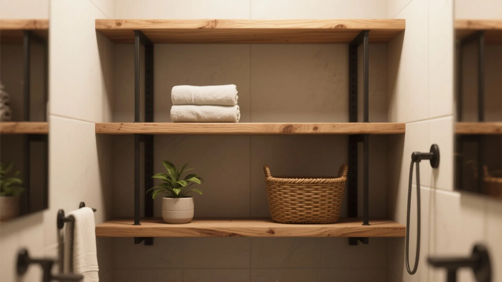 Modern bathroom wooden open wall shelves holding white towels a small green plant and basket