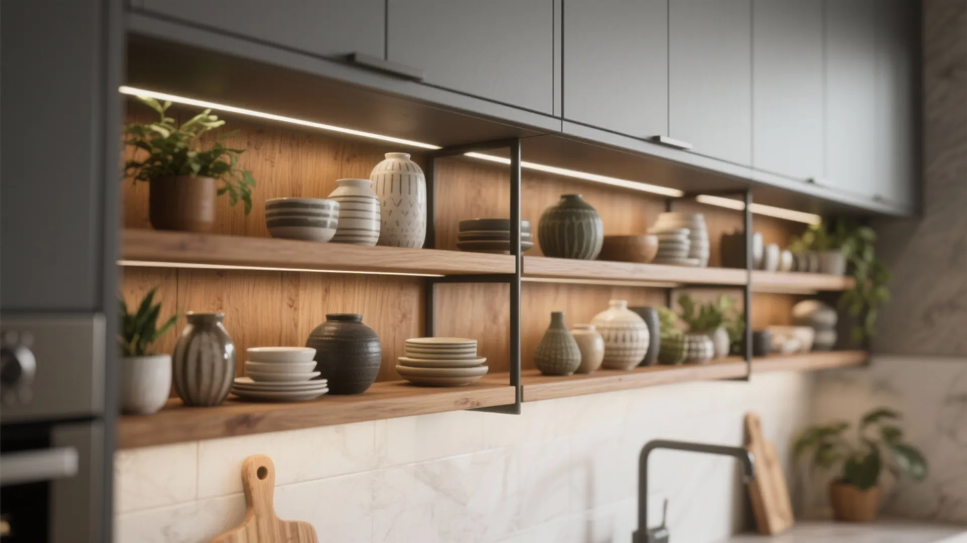 2. Add open wood shelving for texture