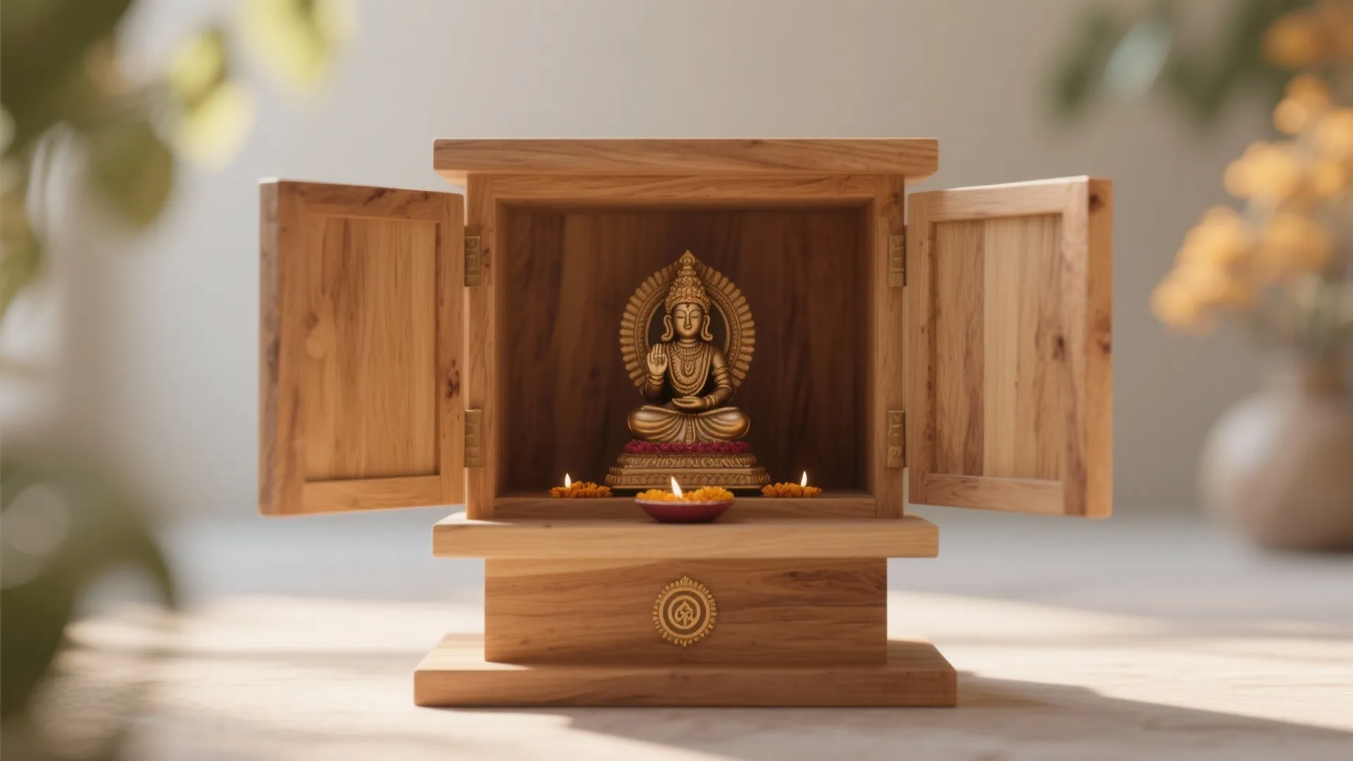Small wooden prayer box with open doors, gold statue inside, small candles, and soft natural lighting