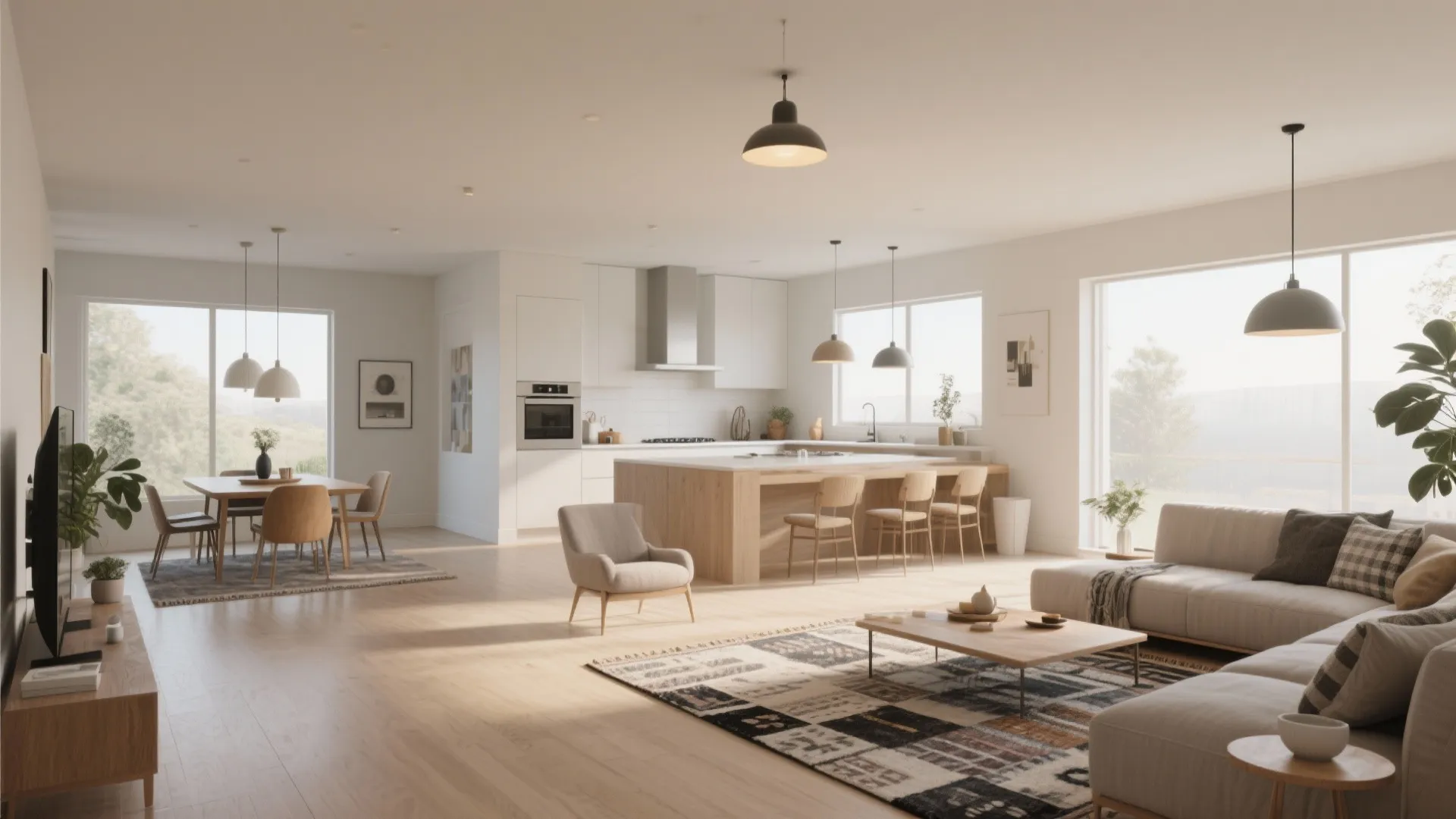 Spacious open plan living room and kitchen area with light wood floors and large windows
