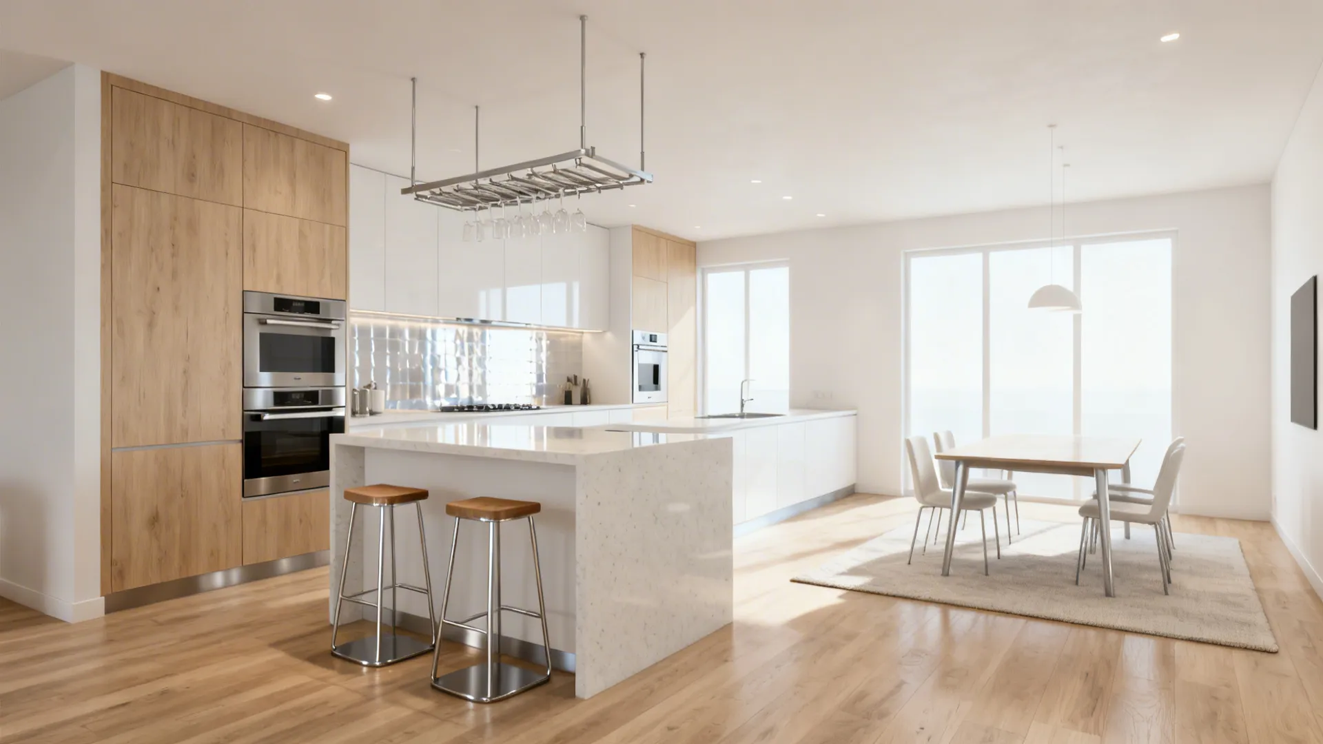 Open kitchen-dining with a peninsula and ceiling rack defining zones on continuous flooring.