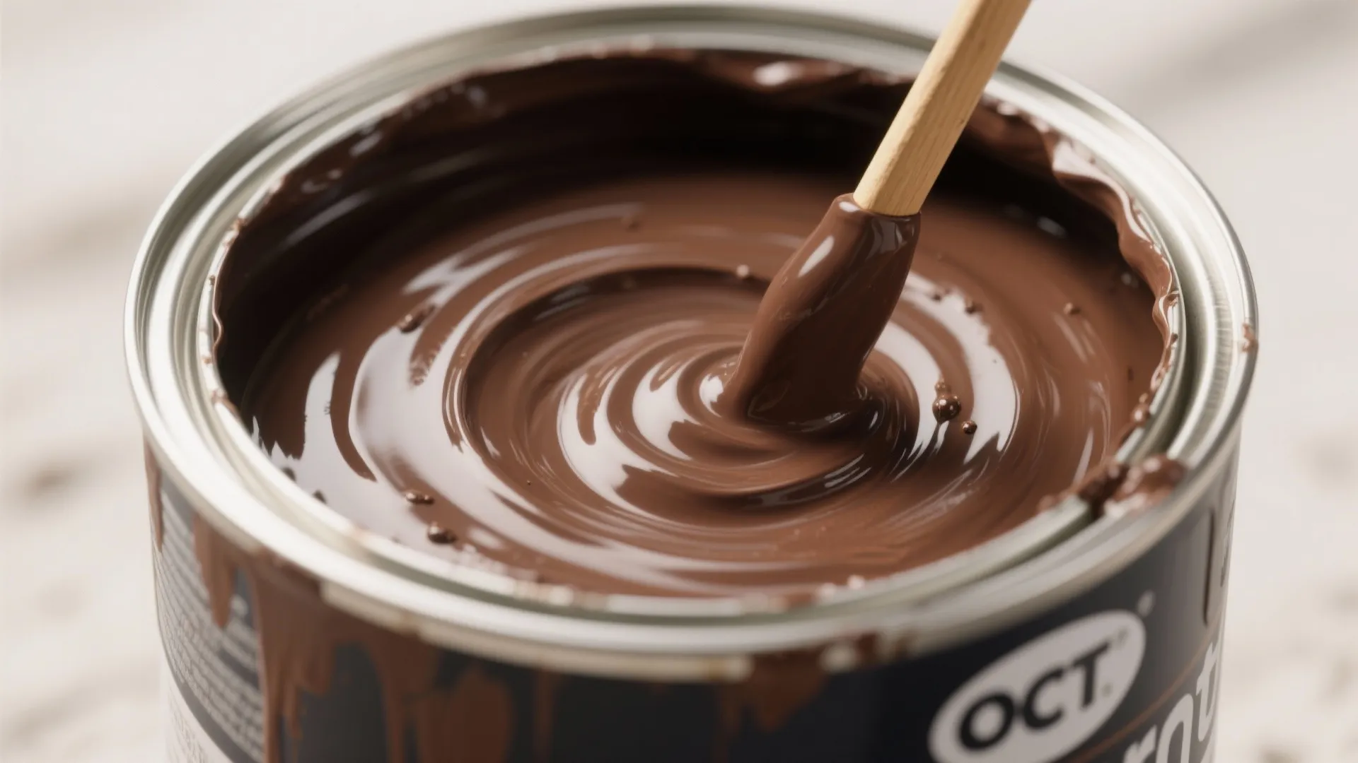 Close up view of brown paint being stirred with a wooden stick inside a metal can